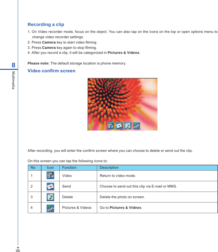 96Recording a clip1. On Video recorder mode, focus on the object. You can also tap on the icons on the top or open options menu to change video recorder settings.2. Press Camera key to start video  lming.3. Press Camera key again to stop  lming.4. After you record a clip, it will be categorized in Pictures &amp; Videos.Please note: The default storage location is phone memory.Video con rm screenAfter recording, you will enter the con rm screen where you can choose to delete or send out the clip.On this screen you can tap the following icons to:No Icon Function Description1Video Return to video mode.2Send Choose to send out this clip via E-mail or MMS.3Delete Delete the photo on screen.4Pictures &amp; Videos Go to Pictures &amp; Videos.8Multimedia