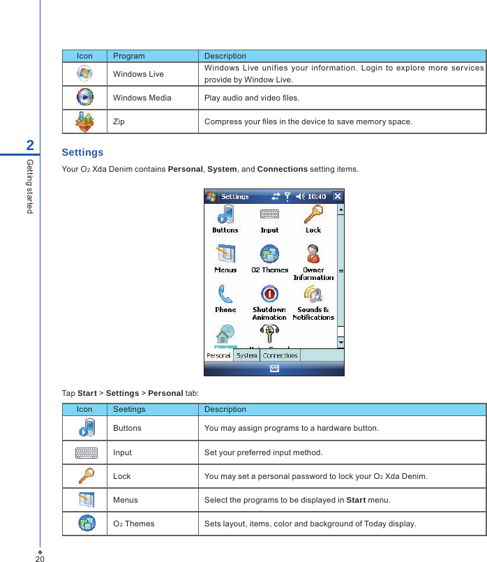 Settings Your O2 Xda Denim contains Personal, System, and Connections setting items.Tap Start > Settings > Personal tab:202Getting startedIcon Program DescriptionWindows Live Windows  Live  unifies  your  information.  Login  to  explore  more  services provide by Window Live.Windows Media Play audio and video les.Zip Compress your les in the device to save memory space.Icon Seetings DescriptionButtons You may assign programs to a hardware button.Input Set your preferred input method.Lock You may set a personal password to lock your O2 Xda Denim.Menus  Select the programs to be displayed in Start menu.O2 Themes Sets layout, items, color and background of Today display.
