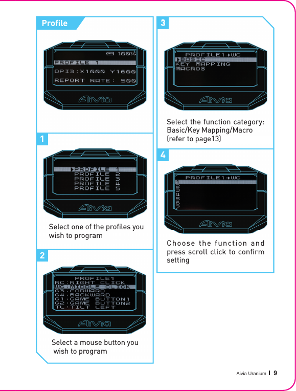 Aivia Uranium   9GHOST Macro StationProﬁ leSelect one of the proﬁ les you wish to programSelect a mouse button you wish to program14233Select the function category: Basic/Key Mapping/Macro (refer to page13)Choose the function and press scroll click to confirm setting