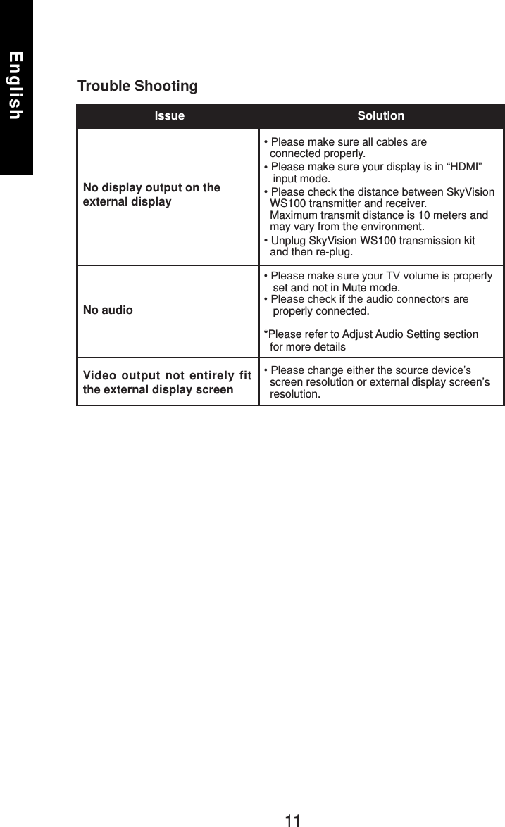 English-11-Trouble ShootingNo display output on the external display Please make sure all cables are   connected properly. Please make sure your display is in “HDMI”    input mode. Please check the distance between SkyVision   WS100 transmitter and receiver.   Maximum transmit distance is 10 meters and   may vary from the environment. Unplug SkyVision WS100 transmission kit   and then re-plug.   set and not in Mute mode.   properly connected.*Please refer to Adjust Audio Setting section   for more details  screen resolution or external display screen’s   resolution.No audioVideo output not entirely fit the external display screen                      Issue                                                     Solution