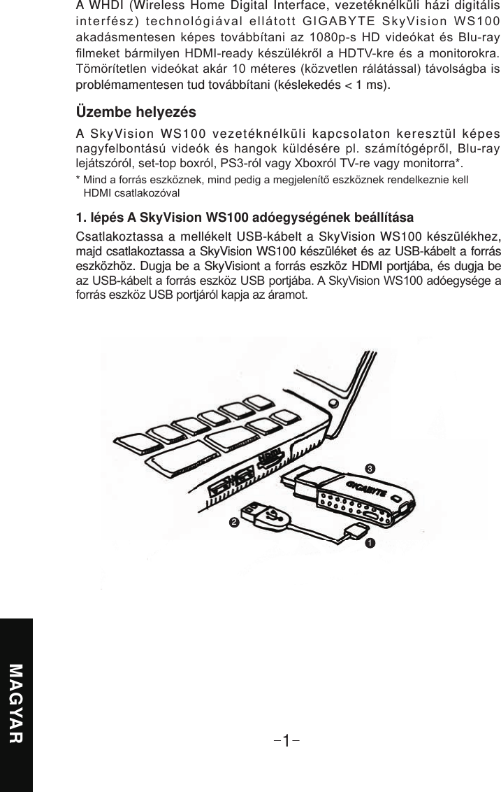 MAGYAR-1-Üzembe helyezésA SkyVision WS100 vezetéknélküli kapcsolaton keresztül képes     A WHDI (Wireless Home Digital Interface, vezetéknélküli házi digitális    problémamentesen tud továbbítani (késlekedés &lt; 1 ms).1. lépés A SkyVision WS100 adóegységének beállításaCsatlakoztassa a mellékelt USB-kábelt a SkyVision WS100 készülékhez, majd csatlakoztassa a SkyVision WS100 készüléket és az USB-kábelt a forrás eszközhöz. Dugja be a SkyVisiont a forrás eszköz HDMI portjába, és dugja be 123