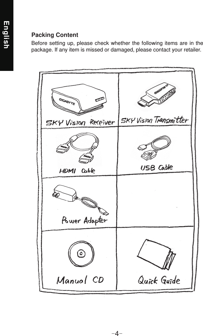 English-4-Packing ContentBefore setting up, please check whether the following items are in the package. If any item is missed or damaged, please contact your retailer.