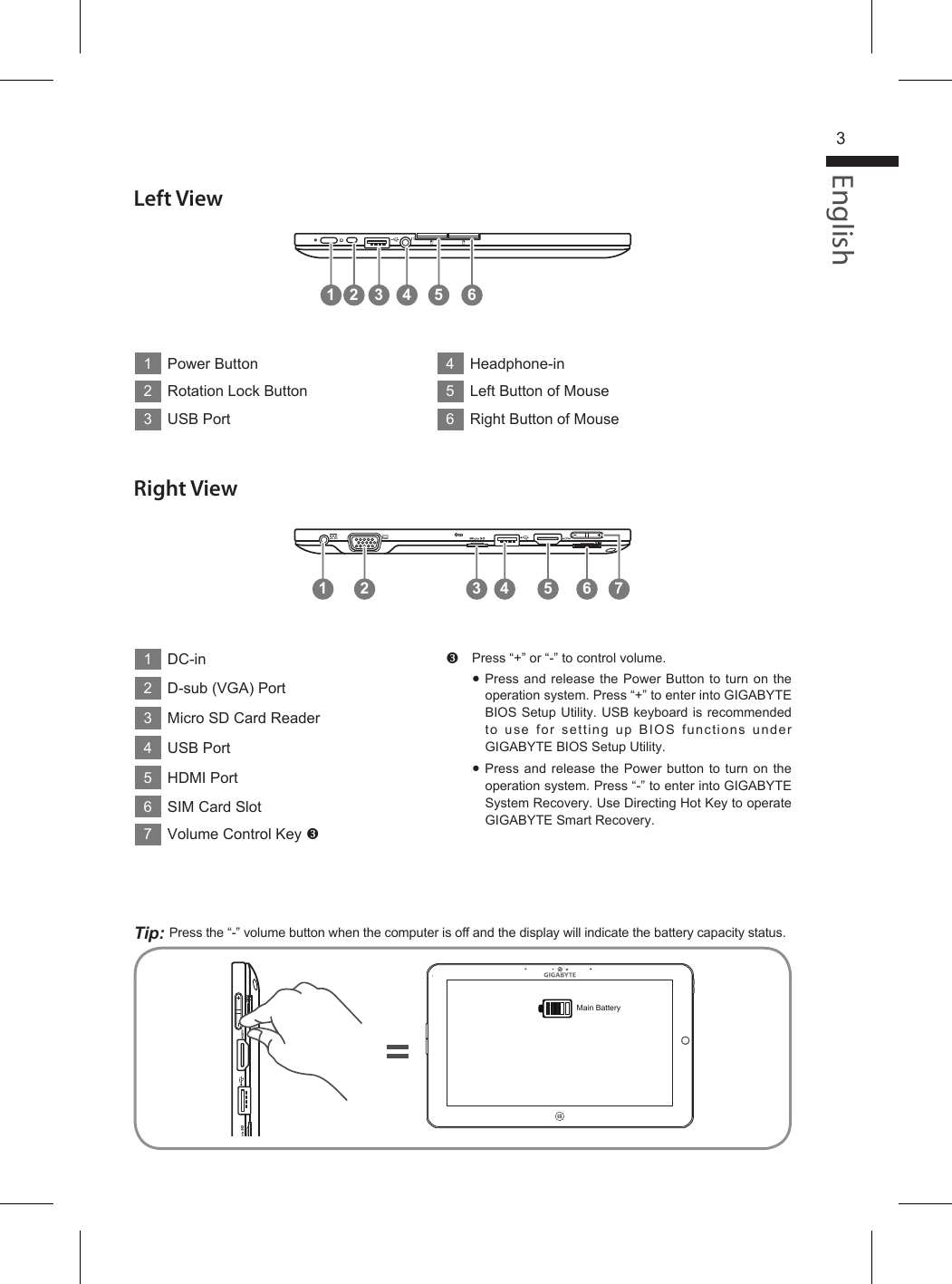 English3Left View1 3 4 5 621 3 4 5 62 7Tip: Press the “-” volume button when the computer is off and the display will indicate the battery capacity status.1DC-in2D-sub (VGA) Port3Micro SD Card Reader4USB Port5HDMI Port6SIM Card Slot7Volume Control Key 1Power Button2Rotation Lock Button3USB Port4Headphone-in5Left Button of Mouse6Right Button of MousePress “+” or “-” to control volume.● Press and release the Power Button to turn on the operation system. Press “+” to enter into GIGABYTE BIOS Setup Utility. USB keyboard is recommended to  use  for  setting  up  BIOS  functions  under GIGABYTE BIOS Setup Utility.● Press and release the Power button to turn on the operation system. Press “-” to enter into GIGABYTE System Recovery. Use Directing Hot Key to operate GIGABYTE Smart Recovery.Right ViewMain Battery