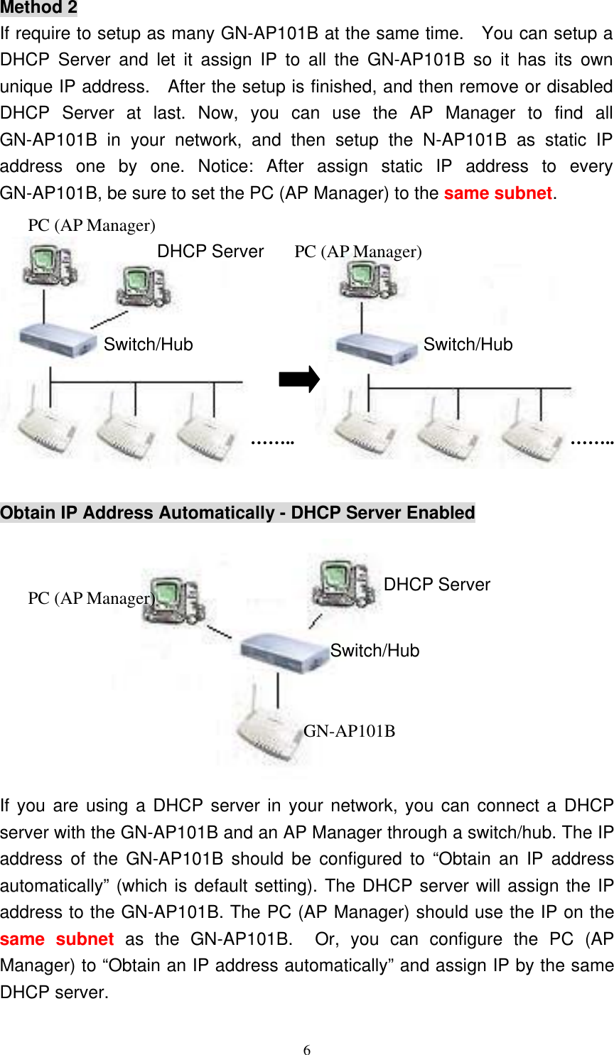 6  Method 2 If require to setup as many GN-AP101B at the same time.   You can setup a DHCP Server and let it assign IP to all the GN-AP101B so it has its own unique IP address.    After the setup is finished, and then remove or disabled DHCP Server at last. Now, you can use the AP Manager to find all GN-AP101B in your network, and then setup the N-AP101B as static IP address one by one. Notice: After assign static IP address to every GN-AP101B, be sure to set the PC (AP Manager) to the same subnet.             Obtain IP Address Automatically - DHCP Server Enabled  If you are using a DHCP server in your network, you can connect a DHCP server with the GN-AP101B and an AP Manager through a switch/hub. The IP address of the GN-AP101B should be configured to “Obtain an IP address automatically” (which is default setting). The DHCP server will assign the IP address to the GN-AP101B. The PC (AP Manager) should use the IP on the same subnet as the GN-AP101B.  Or, you can configure the PC (AP Manager) to “Obtain an IP address automatically” and assign IP by the same DHCP server. Switch/Hub DHCP Server GN-AP101BPC (AP Manager)  PC (AP Manager)  DHCP Server…….. Switch/Hub …….. PC (AP Manager)  Switch/Hub 