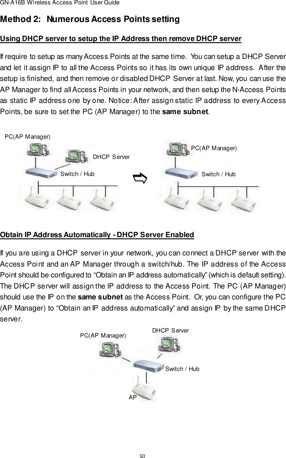 10GN-A16B Wireless Access Point User GuideMethod 2:   Numerous Access Points settingIf require to setup as many Access Points at the same time.  You can setup a DHCP Serverand let it assign IP to all the Access Points so it has its own unique IP address.  After thesetup is finished, and then remove or disabled DHCP Server at last. Now, you can use theAP Manager to find all Access Points in your network, and then setup the N-Access Pointsas static IP address one by one. Notice: After assign static IP address to every AccessPoints, be sure to set the PC (AP Manager) to the same subnet.Using DHCP server to setup the IP Address then remove DHCP serverPC(AP Manager)DHCP ServerSwitch / HubPC(AP Manager)Switch / HubeObtain IP Address Automatically - DHCP Server EnabledIf you are using a DHCP server in your network, you can connect a DHCP server with theAccess Point and an AP Manager through a switch/hub. The IP address of the AccessPoint should be configured to “Obtain an IP address automatically” (which is default setting).The DHCP server will assign the IP address to the Access Point. The PC (AP Manager)should use the IP on the same subnet as the Access Point.  Or, you can configure the PC(AP Manager) to “Obtain an IP address automatically” and assign IP by the same DHCPserver.PC(AP Manager) DHCP ServerSwitch / HubAP