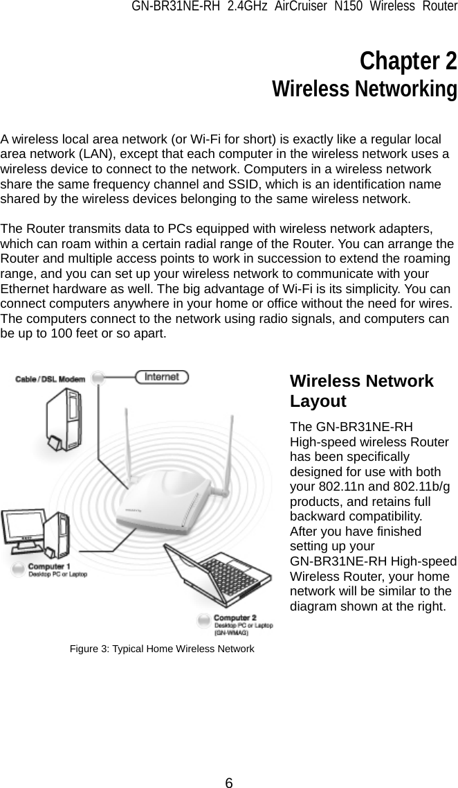 GN-BR31NE-RH 2.4GHz AirCruiser N150 Wireless Router  6  Chapter 2 Wireless Networking   A wireless local area network (or Wi-Fi for short) is exactly like a regular local area network (LAN), except that each computer in the wireless network uses a wireless device to connect to the network. Computers in a wireless network share the same frequency channel and SSID, which is an identification name shared by the wireless devices belonging to the same wireless network.    The Router transmits data to PCs equipped with wireless network adapters, which can roam within a certain radial range of the Router. You can arrange the Router and multiple access points to work in succession to extend the roaming range, and you can set up your wireless network to communicate with your Ethernet hardware as well. The big advantage of Wi-Fi is its simplicity. You can connect computers anywhere in your home or office without the need for wires. The computers connect to the network using radio signals, and computers can be up to 100 feet or so apart.   Wireless Network Layout The GN-BR31NE-RH High-speed wireless Router has been specifically designed for use with both your 802.11n and 802.11b/g products, and retains full backward compatibility.   After you have finished setting up your GN-BR31NE-RH High-speed Wireless Router, your home network will be similar to the diagram shown at the right.     Figure 3: Typical Home Wireless Network 