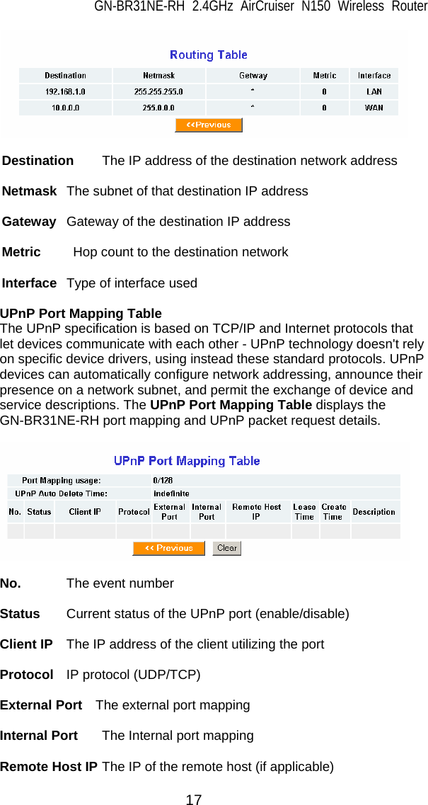 GN-BR31NE-RH 2.4GHz AirCruiser N150 Wireless Router 17   Destination  The IP address of the destination network address  Netmask  The subnet of that destination IP address  Gateway  Gateway of the destination IP address  Metric  Hop count to the destination network  Interface  Type of interface used   UPnP Port Mapping Table The UPnP specification is based on TCP/IP and Internet protocols that let devices communicate with each other - UPnP technology doesn&apos;t rely on specific device drivers, using instead these standard protocols. UPnP devices can automatically configure network addressing, announce their presence on a network subnet, and permit the exchange of device and service descriptions. The UPnP Port Mapping Table displays the GN-BR31NE-RH port mapping and UPnP packet request details.                                     No.   The event number  Status  Current status of the UPnP port (enable/disable)  Client IP     The IP address of the client utilizing the port  Protocol  IP protocol (UDP/TCP)  External Port    The external port mapping  Internal Port  The Internal port mapping  Remote Host IP The IP of the remote host (if applicable) 