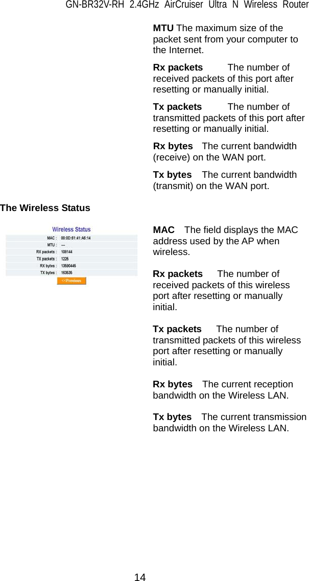 GN-BR32V-RH 2.4GHz AirCruiser Ultra N Wireless Router  14 MTU The maximum size of the packet sent from your computer to the Internet. Rx packets  The number of received packets of this port after resetting or manually initial. Tx packets  The number of transmitted packets of this port after resetting or manually initial. Rx bytes  The current bandwidth (receive) on the WAN port. Tx bytes  The current bandwidth (transmit) on the WAN port.  The Wireless Status  MAC  The field displays the MAC address used by the AP when wireless.   Rx packets   The number of received packets of this wireless port after resetting or manually initial.   Tx packets   The number of transmitted packets of this wireless port after resetting or manually initial.   Rx bytes  The current reception bandwidth on the Wireless LAN.    Tx bytes  The current transmission bandwidth on the Wireless LAN. 