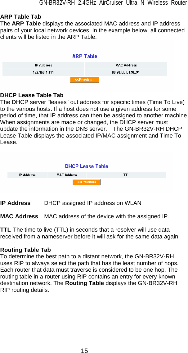 GN-BR32V-RH 2.4GHz AirCruiser Ultra N Wireless Router 15 ARP Table Tab The ARP Table displays the associated MAC address and IP address pairs of your local network devices. In the example below, all connected clients will be listed in the ARP Table.  DHCP Lease Table Tab The DHCP server &quot;leases&quot; out address for specific times (Time To Live) to the various hosts. If a host does not use a given address for some period of time, that IP address can then be assigned to another machine. When assignments are made or changed, the DHCP server must update the information in the DNS server.    The GN-BR32V-RH DHCP Lease Table displays the associated IP/MAC assignment and Time To Lease.                          IP Address  DHCP assigned IP address on WLAN  MAC Address  MAC address of the device with the assigned IP.  TTL The time to live (TTL) in seconds that a resolver will use data received from a nameserver before it will ask for the same data again.  Routing Table Tab To determine the best path to a distant network, the GN-BR32V-RH uses RIP to always select the path that has the least number of hops. Each router that data must traverse is considered to be one hop. The routing table in a router using RIP contains an entry for every known destination network. The Routing Table displays the GN-BR32V-RH RIP routing details.                           
