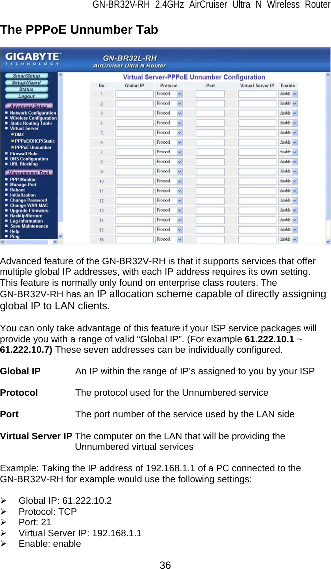 GN-BR32V-RH 2.4GHz AirCruiser Ultra N Wireless Router  36 The PPPoE Unnumber Tab    Advanced feature of the GN-BR32V-RH is that it supports services that offer multiple global IP addresses, with each IP address requires its own setting.   This feature is normally only found on enterprise class routers. The GN-BR32V-RH has an IP allocation scheme capable of directly assigning global IP to LAN clients.  You can only take advantage of this feature if your ISP service packages will provide you with a range of valid “Global IP”. (For example 61.222.10.1 ~ 61.222.10.7) These seven addresses can be individually configured.  Global IP    An IP within the range of IP’s assigned to you by your ISP  Protocol    The protocol used for the Unnumbered service  Port      The port number of the service used by the LAN side  Virtual Server IP The computer on the LAN that will be providing the Unnumbered virtual services  Example: Taking the IP address of 192.168.1.1 of a PC connected to the GN-BR32V-RH for example would use the following settings:  ¾  Global IP: 61.222.10.2 ¾ Protocol: TCP ¾ Port: 21 ¾  Virtual Server IP: 192.168.1.1 ¾ Enable: enable 