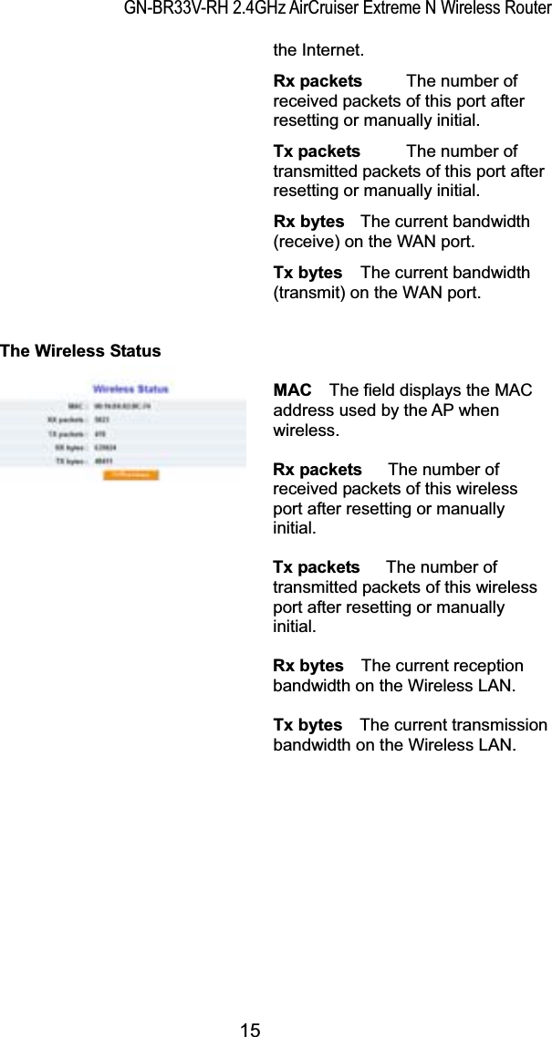 GN-BR33V-RH 2.4GHz AirCruiser Extreme N Wireless Routerthe Internet. Rx packets  The number of received packets of this port after resetting or manually initial. Tx packets  The number of transmitted packets of this port after resetting or manually initial. Rx bytes  The current bandwidth (receive) on the WAN port. Tx bytes  The current bandwidth (transmit) on the WAN port.The Wireless Status MAC  The field displays the MAC address used by the AP when wireless.  Rx packets   The number of received packets of this wireless port after resetting or manually initial.  Tx packets   The number of transmitted packets of this wireless port after resetting or manually initial.  Rx bytes  The current reception bandwidth on the Wireless LAN.   Tx bytes  The current transmission bandwidth on the Wireless LAN.15