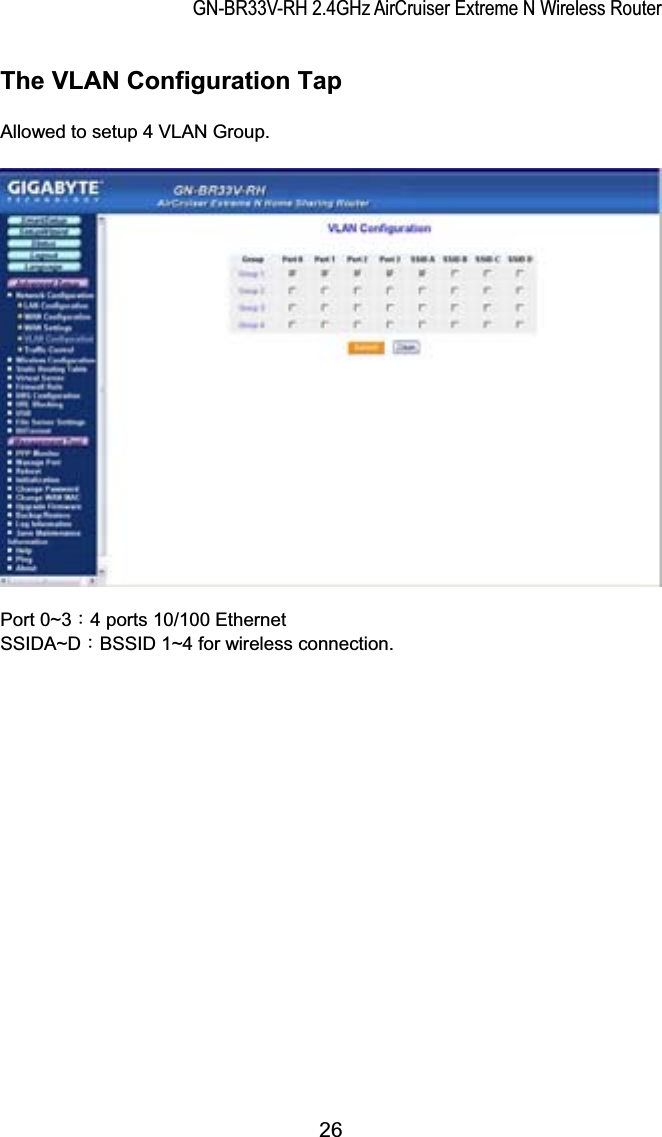 GN-BR33V-RH 2.4GHz AirCruiser Extreme N Wireless RouterThe VLAN Configuration Tap Allowed to setup 4 VLAN Group. Port 0~3Κ4 ports 10/100 Ethernet SSIDA~DΚBSSID 1~4 for wireless connection. 26