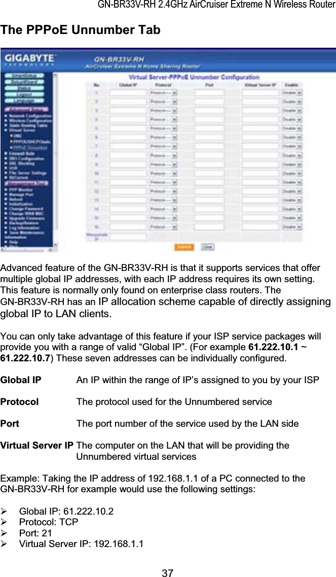 GN-BR33V-RH 2.4GHz AirCruiser Extreme N Wireless RouterThe PPPoE Unnumber Tab Advanced feature of the GN-BR33V-RH is that it supports services that offer multiple global IP addresses, with each IP address requires its own setting.   This feature is normally only found on enterprise class routers. The GN-BR33V-RH has an IP allocation scheme capable of directly assigning global IP to LAN clients.You can only take advantage of this feature if your ISP service packages will provide you with a range of valid “Global IP”. (For example 61.222.10.1 ~ 61.222.10.7) These seven addresses can be individually configured. Global IP    An IP within the range of IP’s assigned to you by your ISP Protocol    The protocol used for the Unnumbered service Port      The port number of the service used by the LAN side Virtual Server IP The computer on the LAN that will be providing the Unnumbered virtual services Example: Taking the IP address of 192.168.1.1 of a PC connected to the GN-BR33V-RH for example would use the following settings: ¾  Global IP: 61.222.10.2 ¾ Protocol: TCP ¾ Port: 21 ¾  Virtual Server IP: 192.168.1.1 37