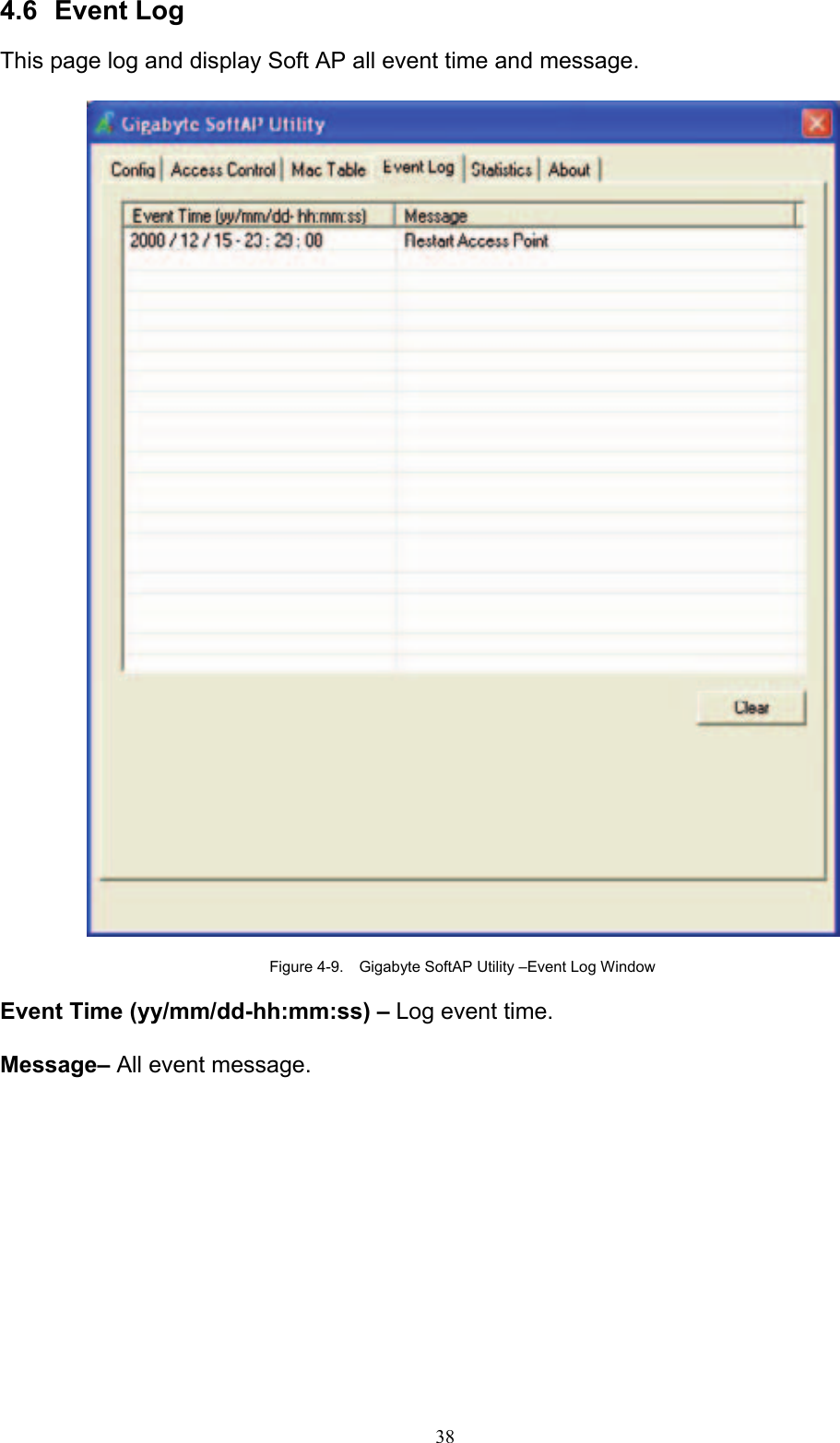 38   4.6 Event Log  This page log and display Soft AP all event time and message.    Figure 4-9.    Gigabyte SoftAP Utility –Event Log Window  Event Time (yy/mm/dd-hh:mm:ss) – Log event time.  Message– All event message.   