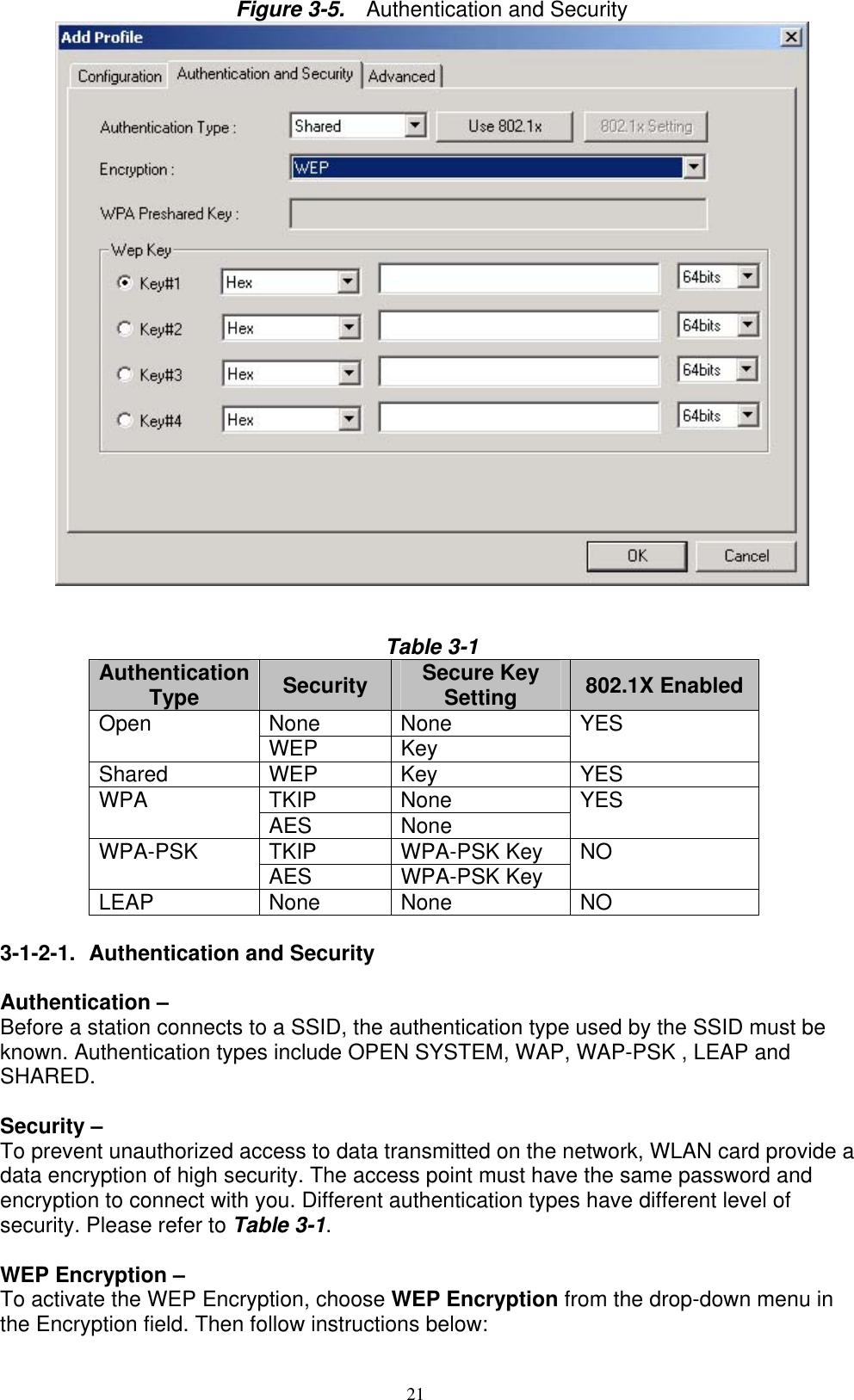 21  Figure 3-5.    Authentication and Security    Table 3-1 Authentication Type  Security  Secure Key Setting  802.1X Enabled None None Open  WEP Key   YES Shared WEP Key  YES TKIP None WPA  AES None  YES TKIP WPA-PSK Key WPA-PSK  AES WPA-PSK Key NO LEAP None None  NO  3-1-2-1.  Authentication and Security  Authentication –   Before a station connects to a SSID, the authentication type used by the SSID must be known. Authentication types include OPEN SYSTEM, WAP, WAP-PSK , LEAP and SHARED.  Security –   To prevent unauthorized access to data transmitted on the network, WLAN card provide a data encryption of high security. The access point must have the same password and encryption to connect with you. Different authentication types have different level of security. Please refer to Table 3-1.  WEP Encryption –   To activate the WEP Encryption, choose WEP Encryption from the drop-down menu in the Encryption field. Then follow instructions below: 