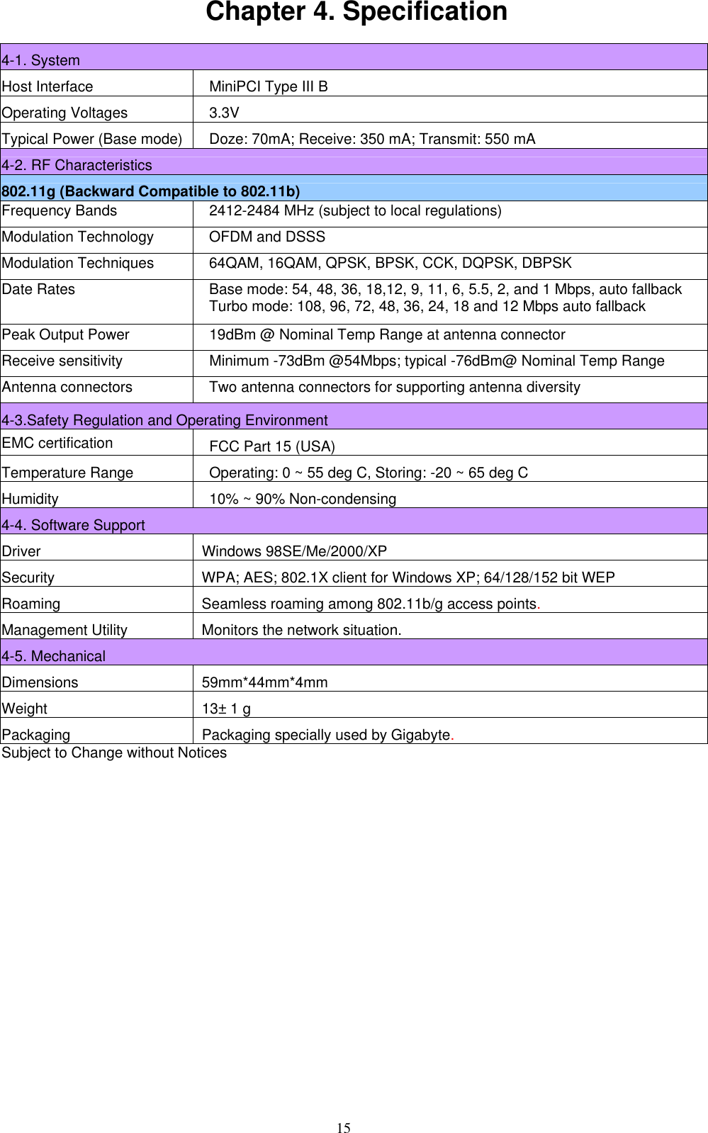 15  Chapter 4. Specification  4-1. System Host Interface MiniPCI Type III B Operating Voltages 3.3V   Typical Power (Base mode) Doze: 70mA; Receive: 350 mA; Transmit: 550 mA 4-2. RF Characteristics 802.11g (Backward Compatible to 802.11b) Frequency Bands  2412-2484 MHz (subject to local regulations) Modulation Technology  OFDM and DSSS Modulation Techniques  64QAM, 16QAM, QPSK, BPSK, CCK, DQPSK, DBPSK Date Rates  Base mode: 54, 48, 36, 18,12, 9, 11, 6, 5.5, 2, and 1 Mbps, auto fallback Turbo mode: 108, 96, 72, 48, 36, 24, 18 and 12 Mbps auto fallback Peak Output Power  19dBm @ Nominal Temp Range at antenna connector Receive sensitivity  Minimum -73dBm @54Mbps; typical -76dBm@ Nominal Temp Range Antenna connectors  Two antenna connectors for supporting antenna diversity 4-3.Safety Regulation and Operating Environment   EMC certification FCC Part 15 (USA)   Temperature Range Operating: 0 ~ 55 deg C, Storing: -20 ~ 65 deg C Humidity 10% ~ 90% Non-condensing 4-4. Software Support Driver Windows 98SE/Me/2000/XP Security  WPA; AES; 802.1X client for Windows XP; 64/128/152 bit WEP Roaming Seamless roaming among 802.11b/g access points. Management Utility Monitors the network situation. 4-5. Mechanical Dimensions 59mm*44mm*4mm Weight 13± 1 g Packaging Packaging specially used by Gigabyte. Subject to Change without Notices  