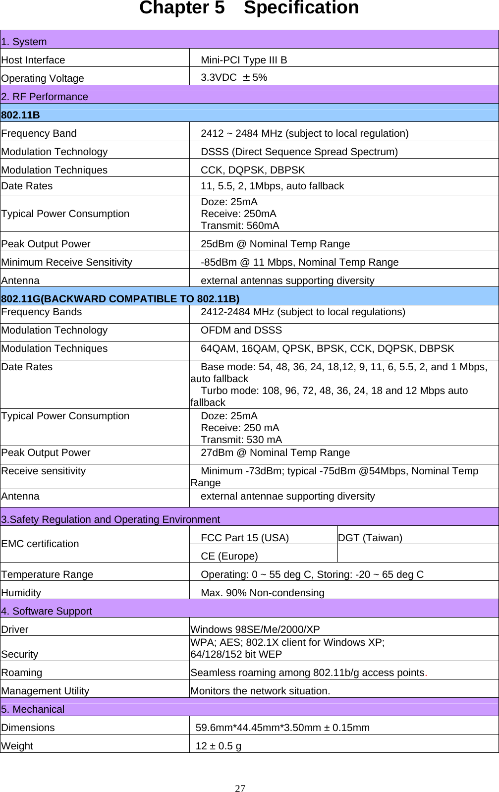 27  Chapter 5  Specification  1. System Host Interface Mini-PCI Type III B Operating Voltage 3.3VDC  ± 5% 2. RF Performance 802.11B Frequency Band 2412 ~ 2484 MHz (subject to local regulation) Modulation Technology DSSS (Direct Sequence Spread Spectrum) Modulation Techniques  CCK, DQPSK, DBPSK Date Rates  11, 5.5, 2, 1Mbps, auto fallback Typical Power Consumption  Doze: 25mA Receive: 250mA Transmit: 560mA Peak Output Power 25dBm @ Nominal Temp Range Minimum Receive Sensitivity -85dBm @ 11 Mbps, Nominal Temp Range Antenna external antennas supporting diversity 802.11G(BACKWARD COMPATIBLE TO 802.11B) Frequency Bands  2412-2484 MHz (subject to local regulations) Modulation Technology  OFDM and DSSS Modulation Techniques  64QAM, 16QAM, QPSK, BPSK, CCK, DQPSK, DBPSK Date Rates  Base mode: 54, 48, 36, 24, 18,12, 9, 11, 6, 5.5, 2, and 1 Mbps, auto fallback Turbo mode: 108, 96, 72, 48, 36, 24, 18 and 12 Mbps auto fallback Typical Power Consumption  Doze: 25mA Receive: 250 mA Transmit: 530 mA Peak Output Power  27dBm @ Nominal Temp Range Receive sensitivity  Minimum -73dBm; typical -75dBm @54Mbps, Nominal Temp Range Antenna  external antennae supporting diversity 3.Safety Regulation and Operating Environment   FCC Part 15 (USA)   DGT (Taiwan) EMC certification CE (Europe)  Temperature Range Operating: 0 ~ 55 deg C, Storing: -20 ~ 65 deg C Humidity Max. 90% Non-condensing 4. Software Support Driver Windows 98SE/Me/2000/XP Security  WPA; AES; 802.1X client for Windows XP; 64/128/152 bit WEP Roaming Seamless roaming among 802.11b/g access points. Management Utility Monitors the network situation.    5. Mechanical Dimensions 59.6mm*44.45mm*3.50mm ± 0.15mm Weight 12 ± 0.5 g 