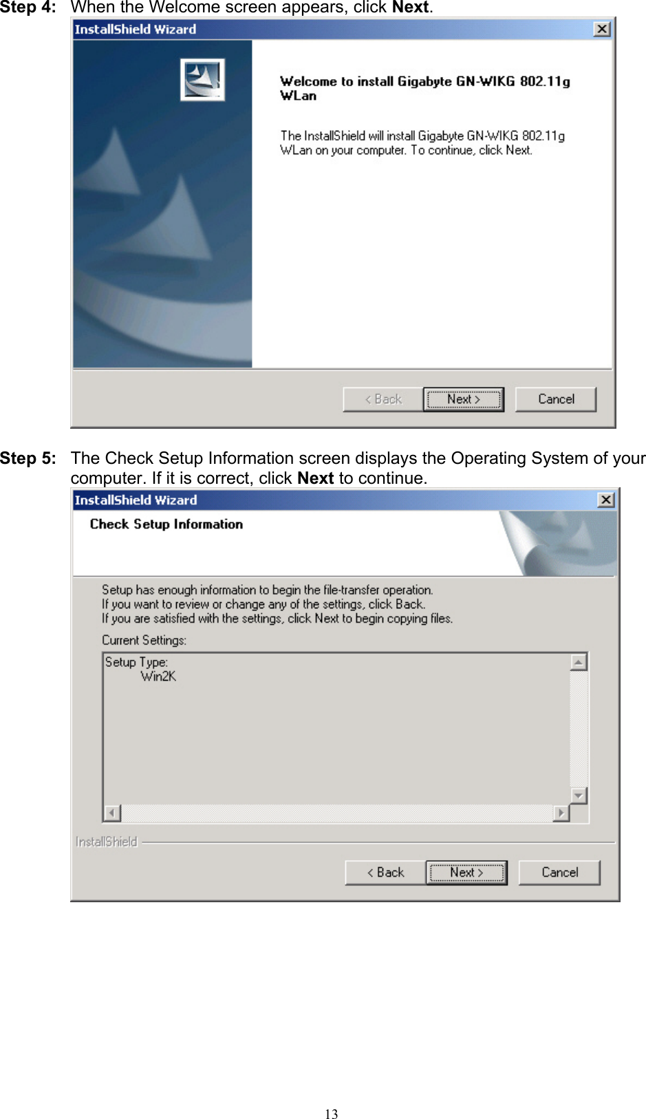 13  Step 4:  When the Welcome screen appears, click Next.   Step 5:  The Check Setup Information screen displays the Operating System of your computer. If it is correct, click Next to continue.     
