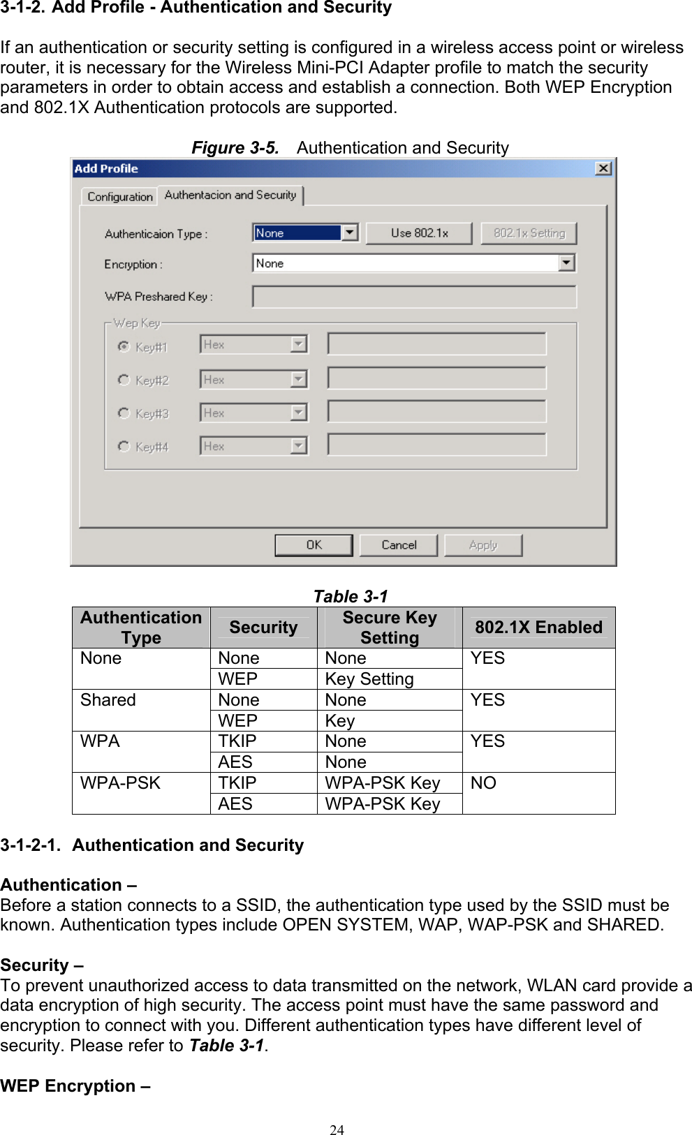 24  3-1-2. Add Profile - Authentication and Security  If an authentication or security setting is configured in a wireless access point or wireless router, it is necessary for the Wireless Mini-PCI Adapter profile to match the security parameters in order to obtain access and establish a connection. Both WEP Encryption and 802.1X Authentication protocols are supported.  Figure 3-5.    Authentication and Security   Table 3-1 Authentication Type  Security  Secure Key Setting  802.1X Enabled None None None WEP Key Setting YES None None Shared WEP Key  YES TKIP None WPA AES None YES TKIP WPA-PSK Key WPA-PSK AES WPA-PSK Key NO  3-1-2-1.  Authentication and Security  Authentication –   Before a station connects to a SSID, the authentication type used by the SSID must be known. Authentication types include OPEN SYSTEM, WAP, WAP-PSK and SHARED.  Security –   To prevent unauthorized access to data transmitted on the network, WLAN card provide a data encryption of high security. The access point must have the same password and encryption to connect with you. Different authentication types have different level of security. Please refer to Table 3-1.  WEP Encryption –   
