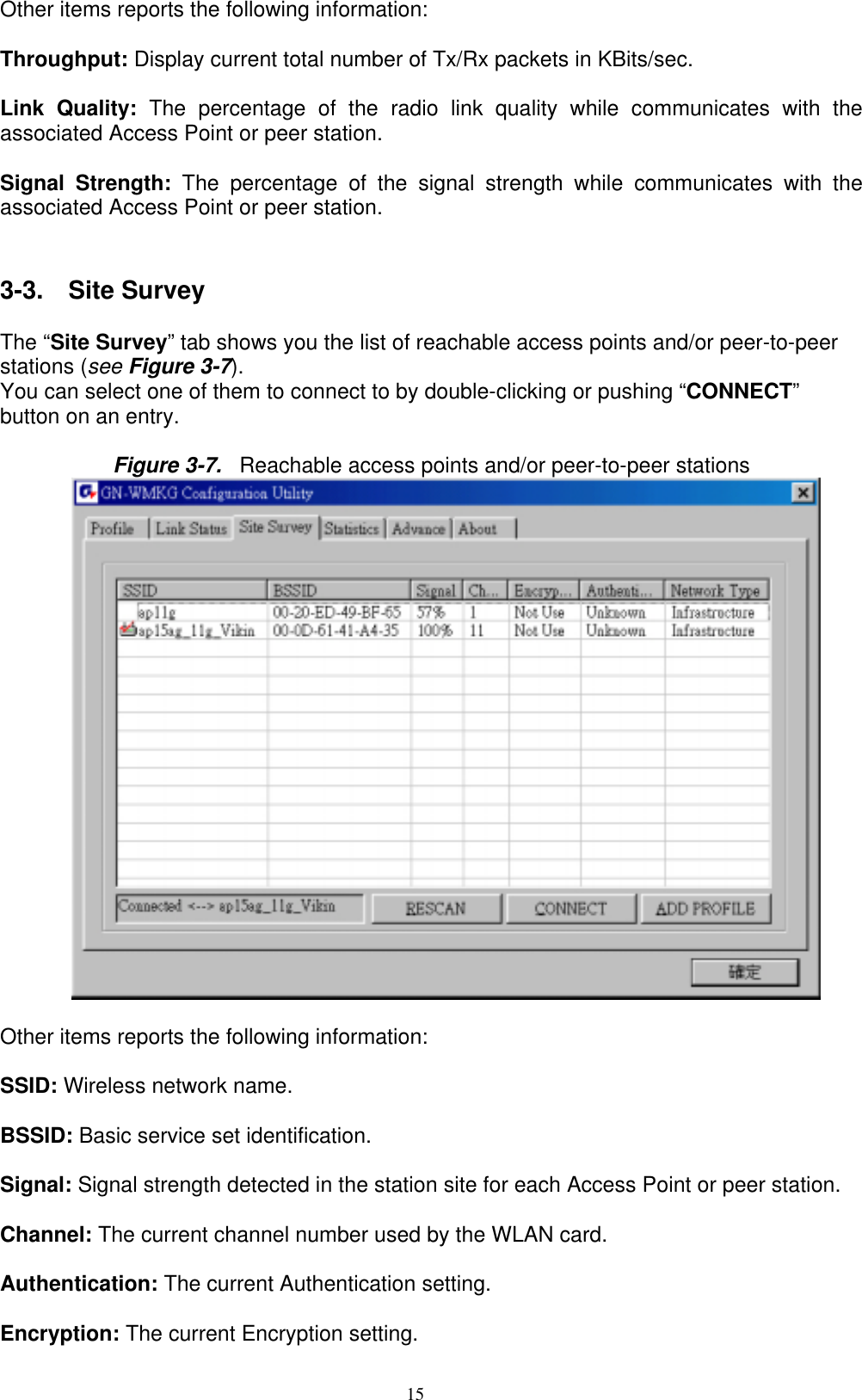 15  Other items reports the following information:  Throughput: Display current total number of Tx/Rx packets in KBits/sec.  Link Quality: The percentage of the radio link quality while communicates with the associated Access Point or peer station.  Signal Strength: The percentage of the signal strength while communicates with the associated Access Point or peer station.   3-3.  Site Survey  The “Site Survey” tab shows you the list of reachable access points and/or peer-to-peer stations (see Figure 3-7). You can select one of them to connect to by double-clicking or pushing “CONNECT” button on an entry.  Figure 3-7.  Reachable access points and/or peer-to-peer stations   Other items reports the following information:  SSID: Wireless network name.  BSSID: Basic service set identification.    Signal: Signal strength detected in the station site for each Access Point or peer station.  Channel: The current channel number used by the WLAN card.  Authentication: The current Authentication setting.  Encryption: The current Encryption setting. 