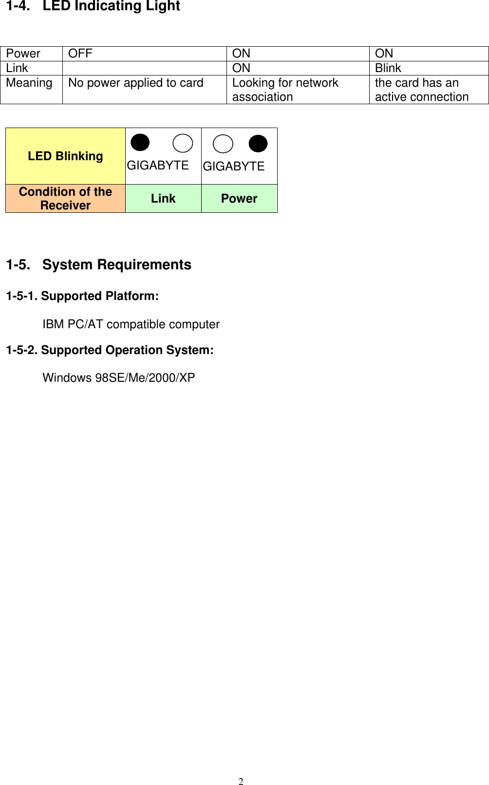 2  1-4.  LED Indicating Light   Power OFF  ON  ON Link   ON  Blink Meaning  No power applied to card  Looking for network association  the card has an active connection     LED Blinking GIGABYTE  GIGABYTE Condition of the Receiver Link Power    1-5. System Requirements  1-5-1. Supported Platform:         IBM PC/AT compatible computer  1-5-2. Supported Operation System:        Windows 98SE/Me/2000/XP      