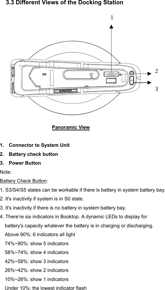  3.3 Different Views of the Docking Station    Panoramic View  1.  Connector to System Unit 2.  Battery check button 3. Power Button Note:  Battery Check Button: 1. S3/S4/S5 states can be workable if there is battery in system battery bay. 2. It&apos;s inactivity if system is in S0 state. 3. It&apos;s inactivity if there is no battery in system battery bay. 4. There’re six indicators in Booktop. A dynamic LEDs to display for battery&apos;s capacity whatever the battery is in charging or discharging.     Above 90%: 6 indicators all light 74%~90%: show 5 indicators 58%~74%: show 4 indicators     42%~58%: show 3 indicators     26%~42%: show 2 indicators     10%~26%: show 1 indicators     Under 10%: the lowest indicator flash       123