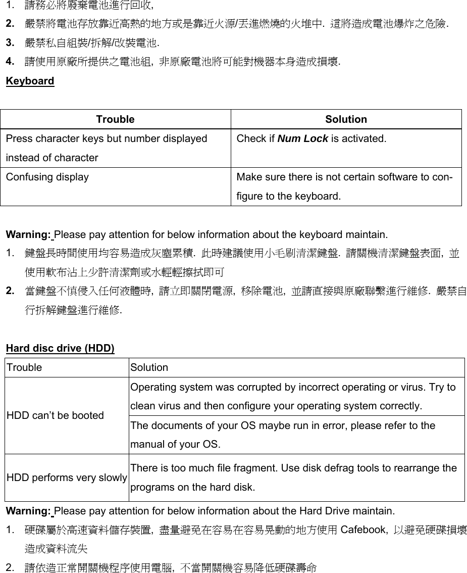 1.  請務必將廢棄電池進行回收, 2.  嚴禁將電池存放靠近高熱的地方或是靠近火源/丟進燃燒的火堆中.  這將造成電池爆炸之危險. 3.  嚴禁私自組裝/拆解/改裝電池. 4.  請使用原廠所提供之電池組,  非原廠電池將可能對機器本身造成損壞. Keyboard  Trouble Solution Press character keys but number displayed instead of character Check if Num Lock is activated. Confusing display    Make sure there is not certain software to con-figure to the keyboard.  Warning: Please pay attention for below information about the keyboard maintain. 1.  鍵盤長時間使用均容易造成灰塵累積.  此時建議使用小毛刷清潔鍵盤.  請關機清潔鍵盤表面,  並使用軟布沾上少許清潔劑或水輕輕擦拭即可 2.  當鍵盤不慎侵入任何液體時,  請立即關閉電源,  移除電池,  並請直接與原廠聯繫進行維修.  嚴禁自行拆解鍵盤進行維修.  Hard disc drive (HDD) Trouble Solution Operating system was corrupted by incorrect operating or virus. Try to clean virus and then configure your operating system correctly. HDD can’t be booted The documents of your OS maybe run in error, please refer to the manual of your OS. HDD performs very slowly There is too much file fragment. Use disk defrag tools to rearrange the programs on the hard disk. Warning: Please pay attention for below information about the Hard Drive maintain. 1.  硬碟屬於高速資料儲存裝置,  盡量避免在容易在容易晃動的地方使用 Cafebook,  以避免硬碟損壞造成資料流失 2.  請依造正常開關機程序使用電腦,  不當開關機容易降低硬碟壽命 