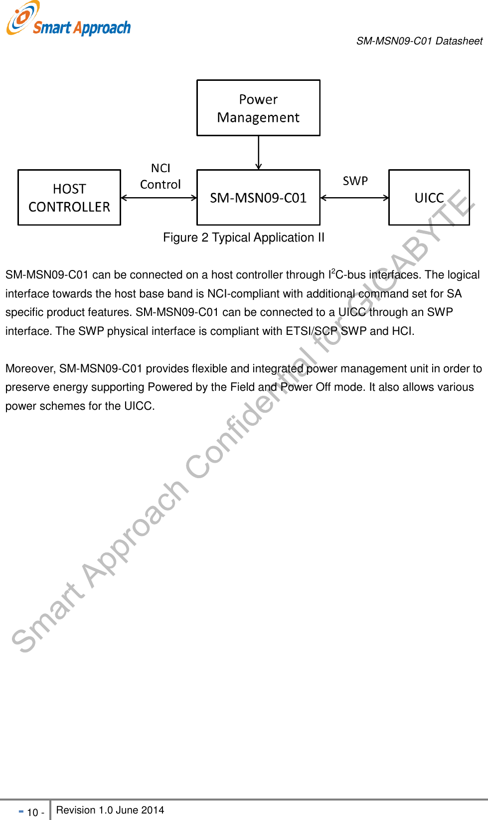       SM-MSN09-C01 Datasheet   - 10 - Revision 1.0 June 2014                                                              Figure 2 Typical Application II  SM-MSN09-C01 can be connected on a host controller through I2C-bus interfaces. The logical interface towards the host base band is NCI-compliant with additional command set for SA specific product features. SM-MSN09-C01 can be connected to a UICC through an SWP interface. The SWP physical interface is compliant with ETSI/SCP SWP and HCI.  Moreover, SM-MSN09-C01 provides flexible and integrated power management unit in order to preserve energy supporting Powered by the Field and Power Off mode. It also allows various power schemes for the UICC. 