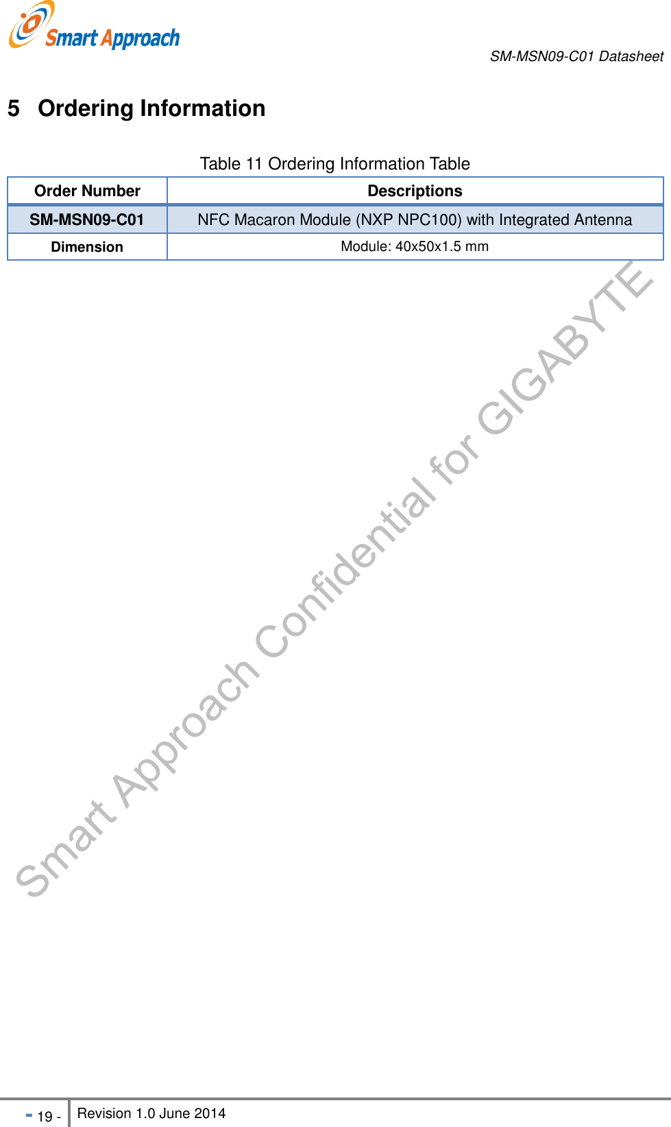       SM-MSN09-C01 Datasheet   - 19 - Revision 1.0 June 2014                                                            5  Ordering Information Table 11 Ordering Information Table Order Number Descriptions SM-MSN09-C01 NFC Macaron Module (NXP NPC100) with Integrated Antenna Dimension Module: 40x50x1.5 mm  