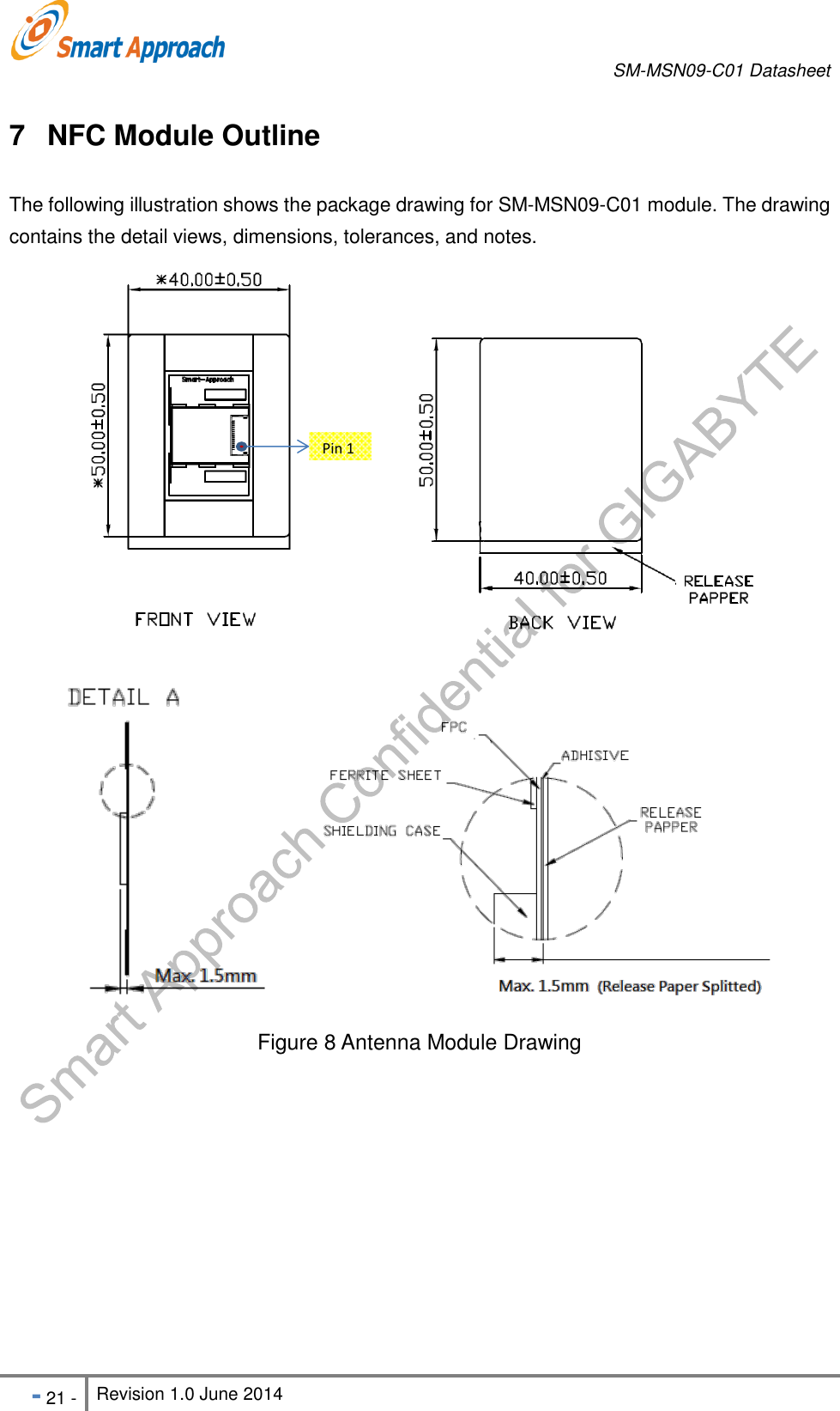       SM-MSN09-C01 Datasheet   - 21 - Revision 1.0 June 2014                                                            7  NFC Module Outline The following illustration shows the package drawing for SM-MSN09-C01 module. The drawing contains the detail views, dimensions, tolerances, and notes.   Figure 8 Antenna Module Drawing Pin 1 