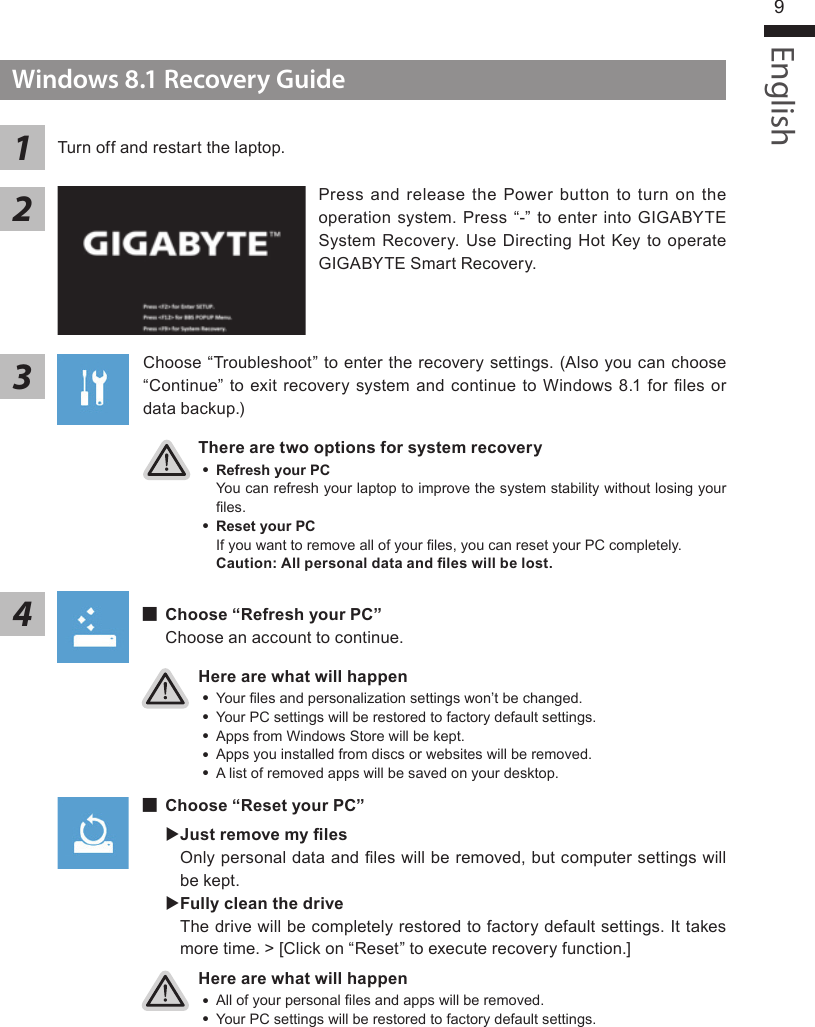 English9Windows 8.1 Recovery GuidePress and release  the Power  button to  turn  on the operation system. Press “-” to enter into GIGABYTE System Recovery. Use Directing Hot Key to operate GIGABYTE Smart Recovery.213Turn off and restart the laptop.There are two options for system recovery ˙Refresh your PC You can refresh your laptop to improve the system stability without losing your les. ˙ Reset your PC If you want to remove all of your les, you can reset your PC completely.Caution: All personal data and les will be lost.Choose “Troubleshoot” to enter the recovery settings. (Also you can choose “Continue” to exit recovery system and continue to Windows 8.1 for les or data backup.)Here are what will happen ˙Your les and personalization settings won’t be changed. ˙Your PC settings will be restored to factory default settings. ˙Apps from Windows Store will be kept. ˙Apps you installed from discs or websites will be removed. ˙A list of removed apps will be saved on your desktop.Here are what will happen ˙All of your personal les and apps will be removed. ˙Your PC settings will be restored to factory default settings. ▓Choose “Refresh your PC”Choose an account to continue.4▓▓▓▓▓Choose “Reset your PC” Just remove my les Only personal data and les will be removed, but computer settings will be kept. Fully clean the driveThe drive will be completely restored to factory default settings. It takes more time. &gt; [Click on “Reset” to execute recovery function.]