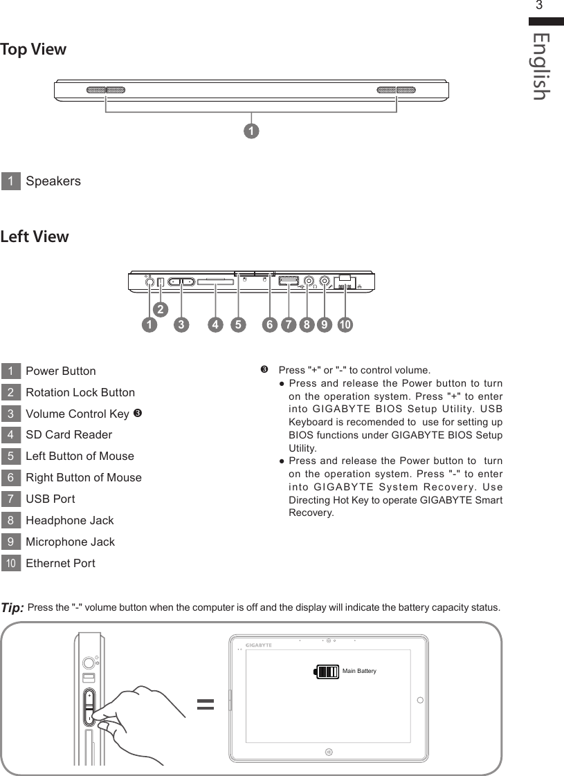 English3Left View124 5 6 7 98103Top View1Speakers1Power Button2Rotation Lock Button3Volume Control Key 4SD Card Reader5Left Button of Mouse6Right Button of Mouse7USB Port8Headphone Jack9Microphone Jack10Ethernet PortPress &quot;+&quot; or &quot;-&quot; to control volume.● Press  and release  the  Power  button to turn on  the operation  system. Press &quot;+&quot; to  enter into  GIGABYTE  BIOS  Setup  Utility.  USB Keyboard is recomended to  use for setting up BIOS functions under GIGABYTE BIOS Setup Utility.●  Press and release the Power button to   turn on  the  operation  system. Press &quot;-&quot; to  enter into  GIGABYTE  System  Recovery.  Use Directing Hot Key to operate GIGABYTE Smart Recovery.Tip: Press the &quot;-&quot; volume button when the computer is off and the display will indicate the battery capacity status.Main Battery1