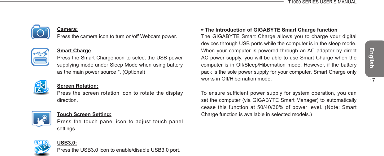 EnglishT1000 SERIES USER’S MANUAL17Camera:Press the camera icon to turn on/off Webcam power.Smart ChargePress the Smart Charge icon to select the USB power supplying mode under Sleep Mode when using battery as the main power source *. (Optional)Screen Rotation:Press  the  screen  rotation  icon  to  rotate  the  display direction.Touch Screen Setting:Press the touch panel icon to adjust touch  panel settings.USB3.0:Press the USB3.0 icon to enable/disable USB3.0 port.*The Introduction of GIGABYTE Smart Charge functionThe GIGABYTE Smart Charge  allows you  to charge your digital devices through USB ports while the computer is in the sleep mode. When your computer is powered through an AC adapter  by direct AC power supply, you will be  able to use Smart Charge when the computer is in Off/Sleep/Hibernation mode. However,  if the battery pack is the sole power supply for your computer, Smart Charge only works in Off/Hibernation mode.To ensure sufficient power supply for system operation, you can set the computer (via GIGABYTE Smart Manager) to automatically cease this function at  50/40/30% of  power level. (Note: Smart Charge function is available in selected models.)