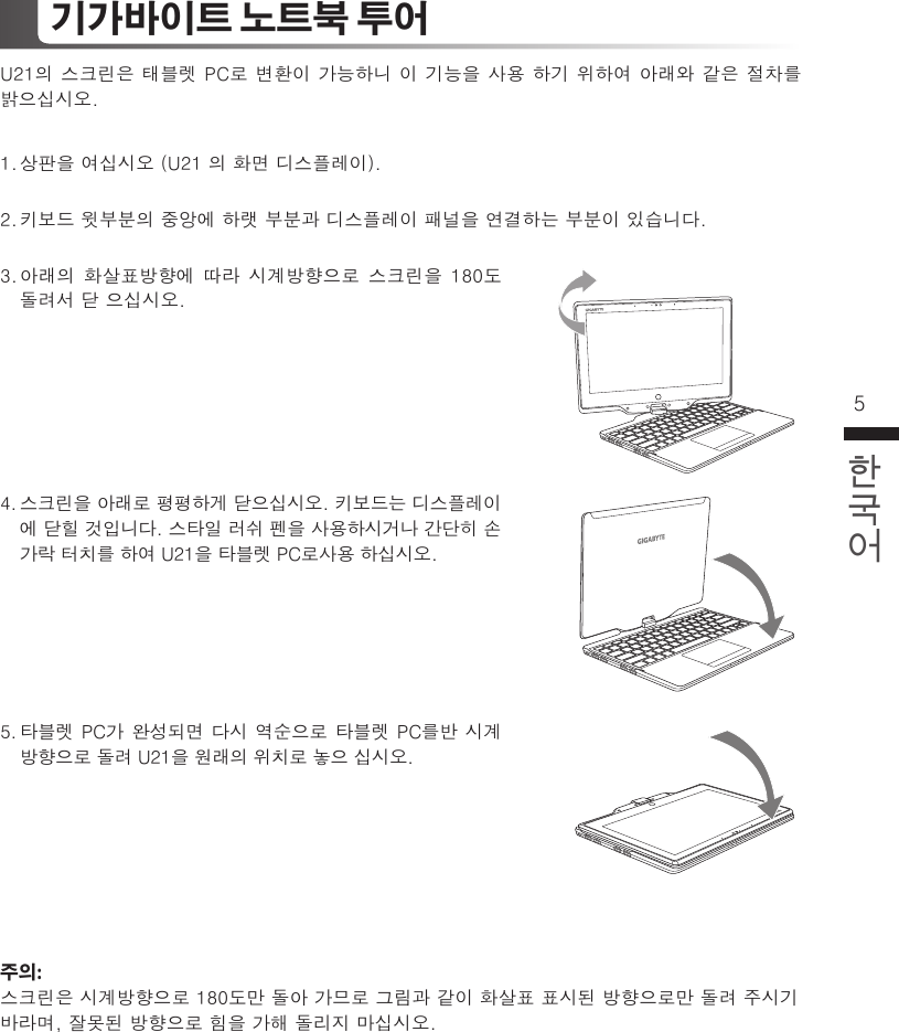 4 5U21의 스크린은 태블렛 PC로 변환이 가능하니 이 기능을 사용 하기 위하여 아래와 같은 절차를 밝으십시오.1. 상판을 여십시오 (U21 의 화면 디스플레이).2. 키보드 윗부분의 중앙에 하랫 부분과 디스플레이 패널을 연결하는 부분이 있습니다. 3.  아래의 화살표방향에  따라 시계방향으로  스크린을 180도 돌려서 닫 으십시오.4.  스크린을 아래로 평평하게 닫으십시오. 키보드는 디스플레이 에 닫힐 것입니다. 스타일 러쉬 펜을 사용하시거나 간단히 손 가락 터치를 하여 U21을 타블렛 PC로사용 하십시오.5.  타블렛 PC가 완성되면 다시 역순으로 타블렛 PC를반 시계 방향으로 돌려 U21을 원래의 위치로 놓으 십시오.주의:스크린은 시계방향으로 180도만 돌아 가므로 그림과 같이 화살표 표시된 방향으로만 돌려 주시기 바라며, 잘못된 방향으로 힘을 가해 돌리지 마십시오.기가바이트 노트북 투어