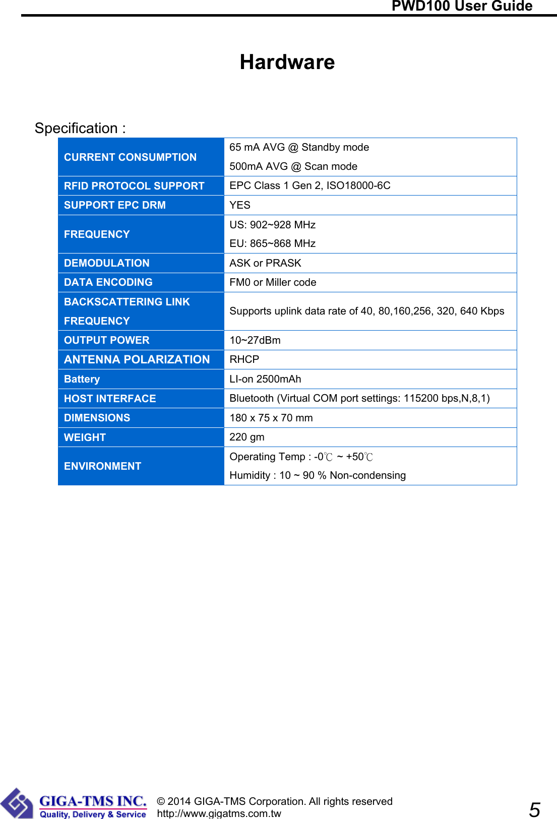                                                                     PWD100 User Guide              5 © 2014 GIGA-TMS Corporation. All rights reserved http://www.gigatms.com.tw Hardware   Specification :   CURRENT CONSUMPTION  65 mA AVG @ Standby mode 500mA AVG @ Scan mode RFID PROTOCOL SUPPORT  EPC Class 1 Gen 2, ISO18000-6C SUPPORT EPC DRM  YES FREQUENCY  US: 902~928 MHz EU: 865~868 MHz DEMODULATION  ASK or PRASK DATA ENCODING  FM0 or Miller code BACKSCATTERING LINK FREQUENCY  Supports uplink data rate of 40, 80,160,256, 320, 640 Kbps OUTPUT POWER  10~27dBm ANTENNA POLARIZATION    RHCP Battery  LI-on 2500mAh HOST INTERFACE  Bluetooth (Virtual COM port settings: 115200 bps,N,8,1) DIMENSIONS  180 x 75 x 70 mm WEIGHT  220 gm ENVIRONMENT  Operating Temp : -0  ~ +50℃℃ Humidity : 10 ~ 90 % Non-condensing  