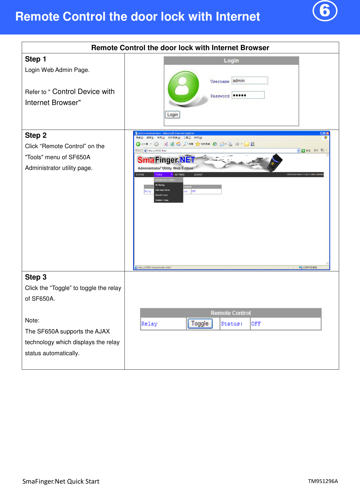 6  TM951296A SmaFinger.Net Quick Start  Remote Control the door lock with Internet Browser Step 1 Login Web Admin Page.  Refer to &quot; Control Device with Internet Browser&quot;  Step 2 Click “Remote Control” on the &quot;Tools&quot; menu of SF650A Administrator utility page.   Step 3 Click the “Toggle” to toggle the relay of SF650A.  Note: The SF650A supports the AJAX technology which displays the relay status automatically.    Remote Control the door lock with Internet Browser 