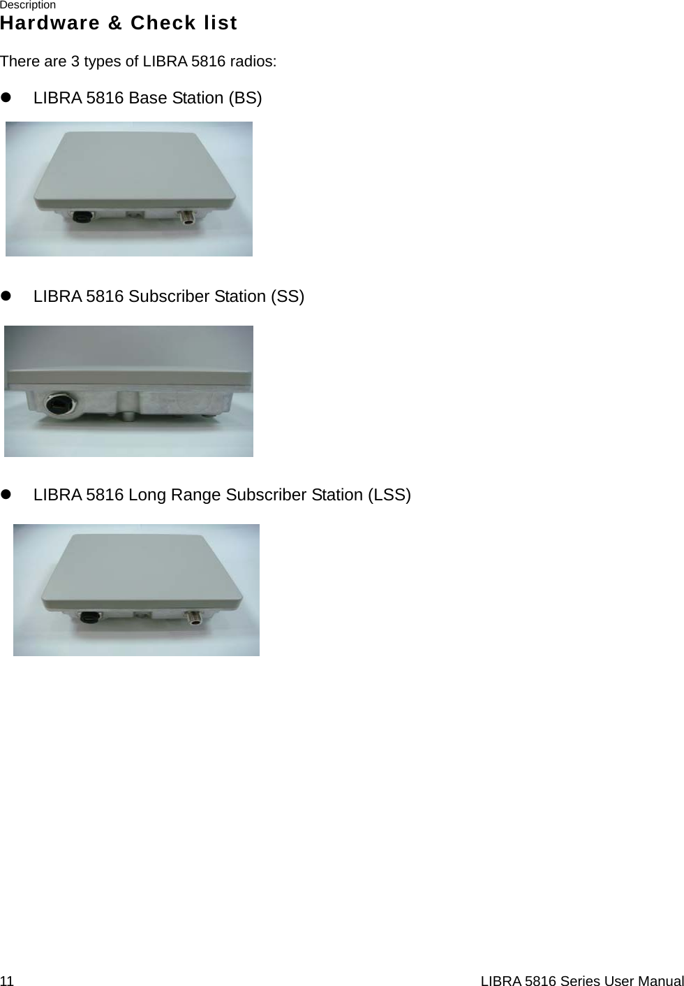 Description 11                                                                  LIBRA 5816 Series User ManualHardware &amp; Check list  There are 3 types of LIBRA 5816 radios:    z  LIBRA 5816 Base Station (BS)           z  LIBRA 5816 Subscriber Station (SS)           z  LIBRA 5816 Long Range Subscriber Station (LSS)                             