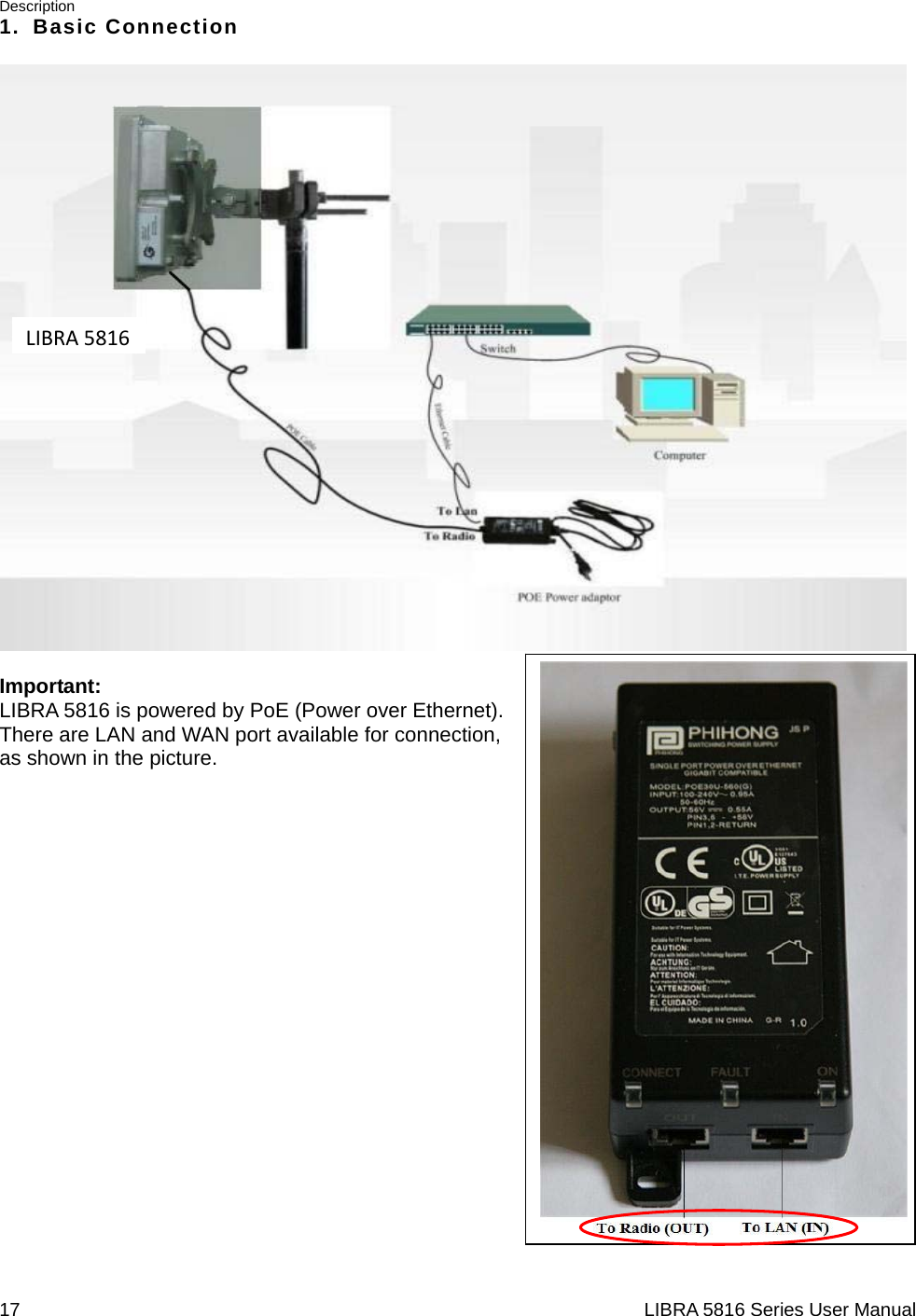 Description 17                                                                  LIBRA 5816 Series User Manual1. Basic Connection   Important: LIBRA 5816 is powered by PoE (Power over Ethernet).   There are LAN and WAN port available for connection, as shown in the picture.                      LIBRA5816