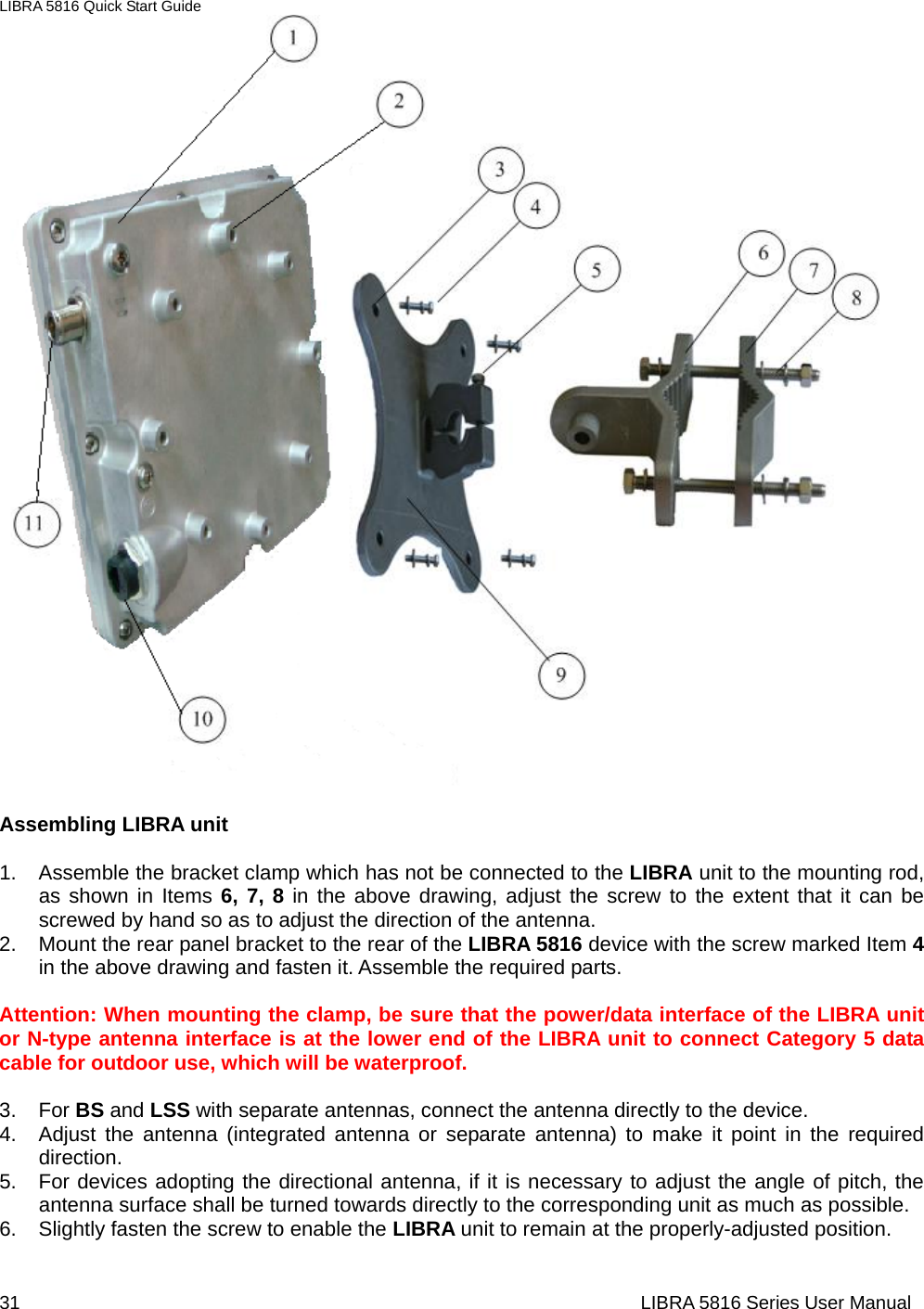 LIBRA 5816 Quick Start Guide 31                                                                  LIBRA 5816 Series User ManualAssembling LIBRA unit  1.  Assemble the bracket clamp which has not be connected to the LIBRA unit to the mounting rod, as shown in Items 6, 7, 8 in the above drawing, adjust the screw to the extent that it can be screwed by hand so as to adjust the direction of the antenna.               2.  Mount the rear panel bracket to the rear of the LIBRA 5816 device with the screw marked Item 4 in the above drawing and fasten it. Assemble the required parts.  Attention: When mounting the clamp, be sure that the power/data interface of the LIBRA unit or N-type antenna interface is at the lower end of the LIBRA unit to connect Category 5 data cable for outdoor use, which will be waterproof.   3. For BS and LSS with separate antennas, connect the antenna directly to the device.   4.  Adjust the antenna (integrated antenna or separate antenna) to make it point in the required direction.  5.  For devices adopting the directional antenna, if it is necessary to adjust the angle of pitch, the antenna surface shall be turned towards directly to the corresponding unit as much as possible.   6.  Slightly fasten the screw to enable the LIBRA unit to remain at the properly-adjusted position.   