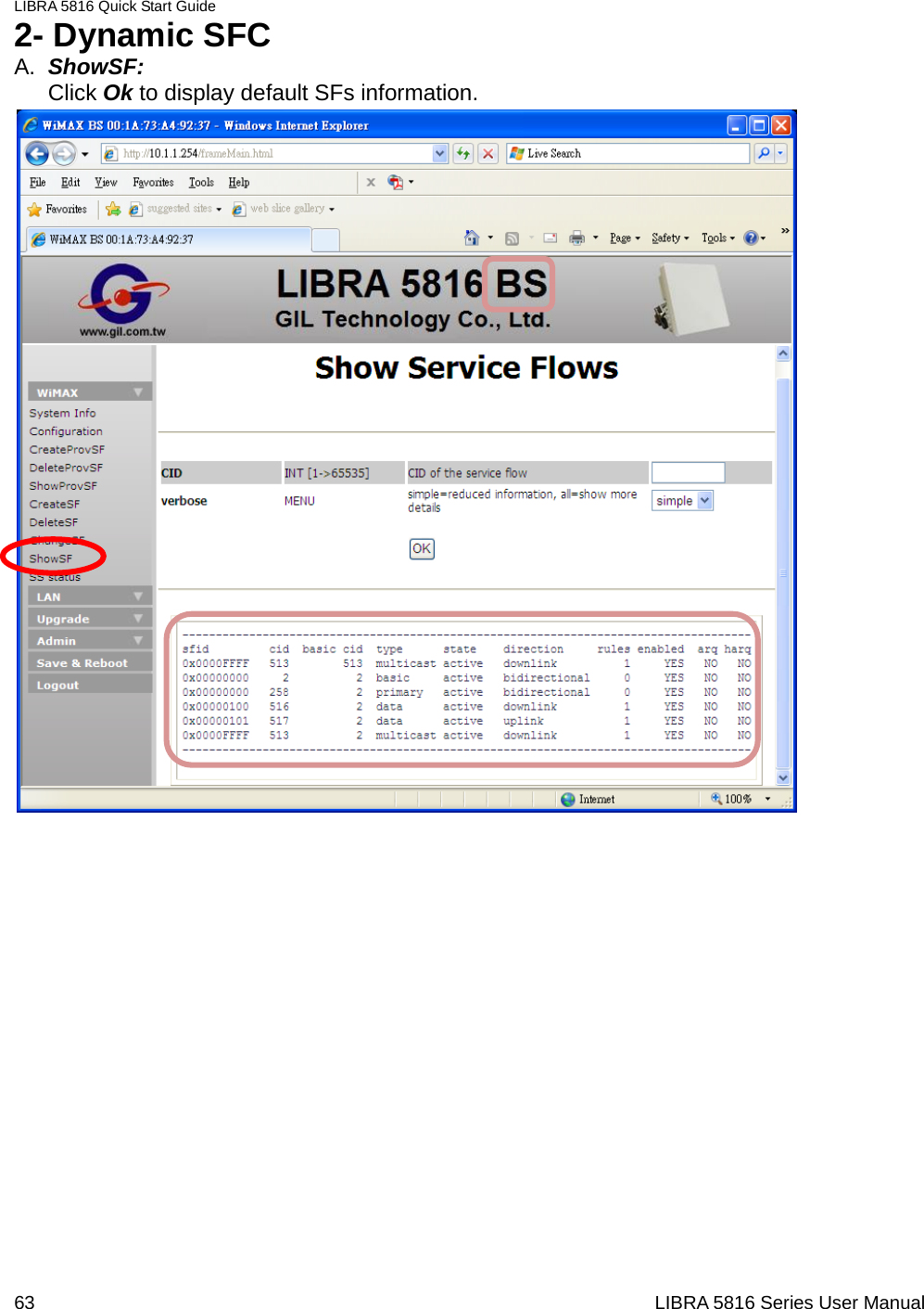 LIBRA 5816 Quick Start Guide 63                                                                  LIBRA 5816 Series User Manual2- Dynamic SFC A.  ShowSF:  Click Ok to display default SFs information.   