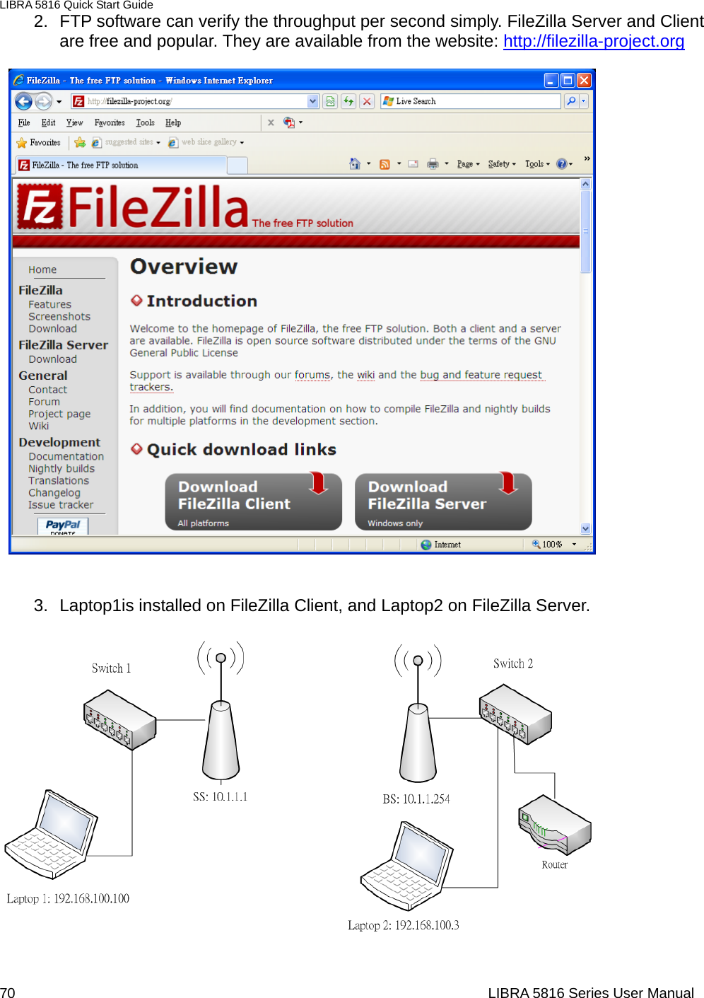LIBRA 5816 Quick Start Guide 70                                                                  LIBRA 5816 Series User Manual2.  FTP software can verify the throughput per second simply. FileZilla Server and Client are free and popular. They are available from the website: http://filezilla-project.org  3.  Laptop1is installed on FileZilla Client, and Laptop2 on FileZilla Server.   