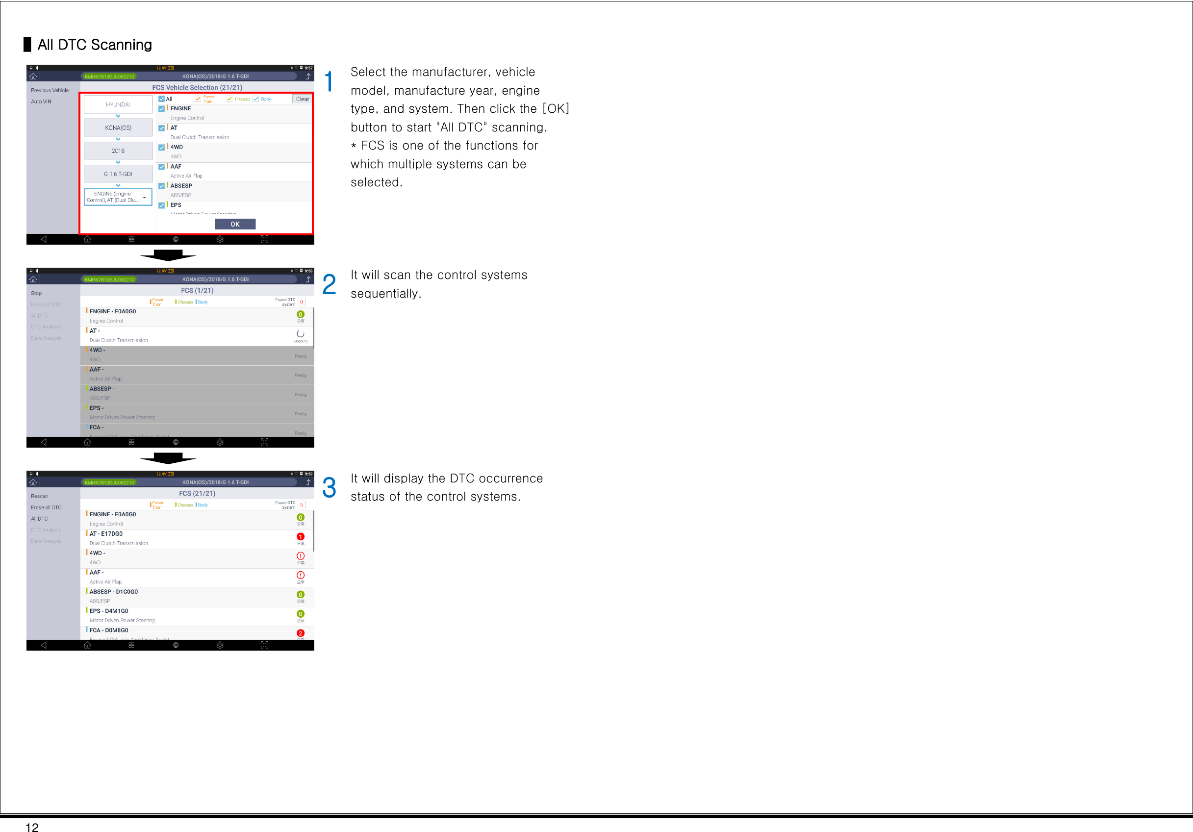 12  ▌All DTC Scanning  1 Select the manufacturer, vehicle model, manufacture year, engine type, and system. Then click the [OK] button to start &quot;All DTC&quot; scanning. * FCS is one of the functions for which multiple systems can be selected.     2 It will scan the control systems sequentially.     3 It will display the DTC occurrence status of the control systems.       