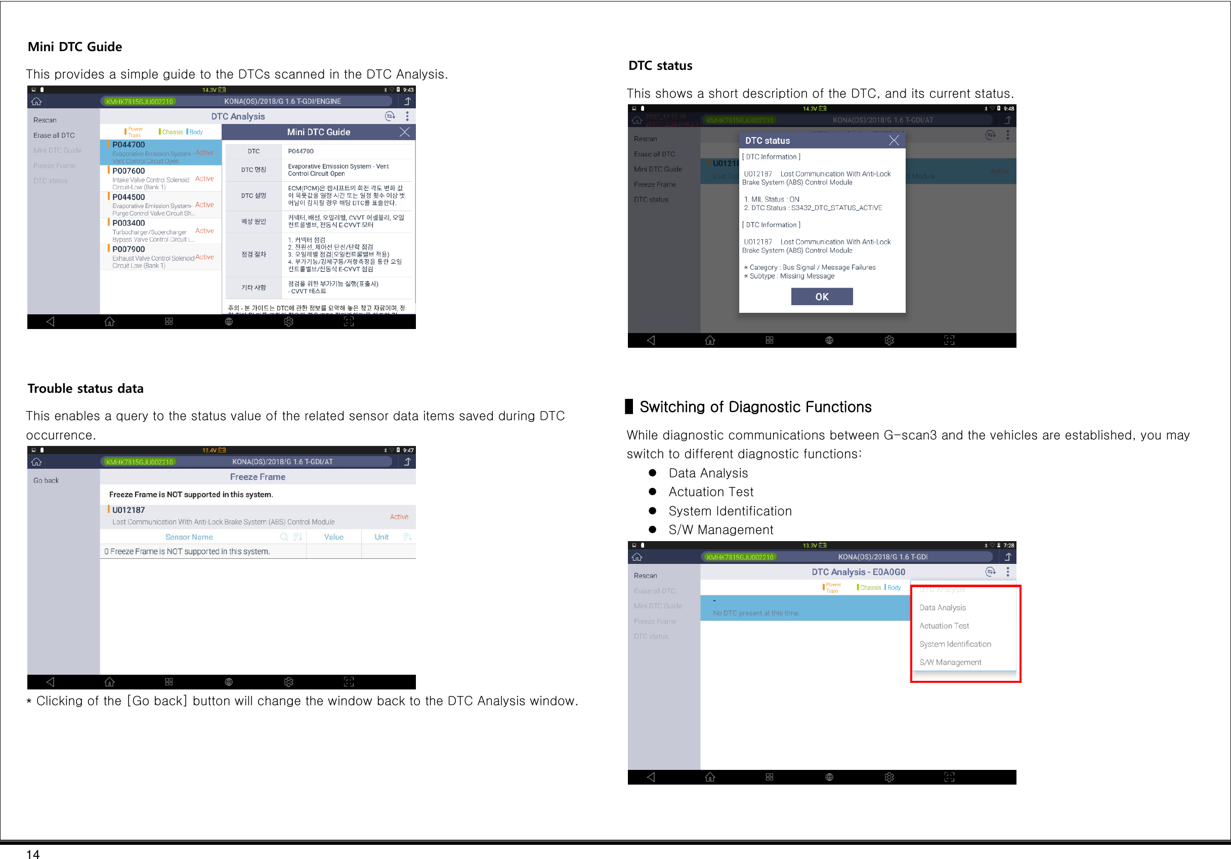 14  Mini DTC Guide This provides a simple guide to the DTCs scanned in the DTC Analysis.   Trouble status data This enables a query to the status value of the related sensor data items saved during DTC occurrence.  * Clicking of the [Go back] button will change the window back to the DTC Analysis window.        DTC status This shows a short description of the DTC, and its current status.   ▌Switching of Diagnostic Functions While diagnostic communications between G-scan3 and the vehicles are established, you may switch to different diagnostic functions:  Data Analysis  Actuation Test  System Identification  S/W Management    
