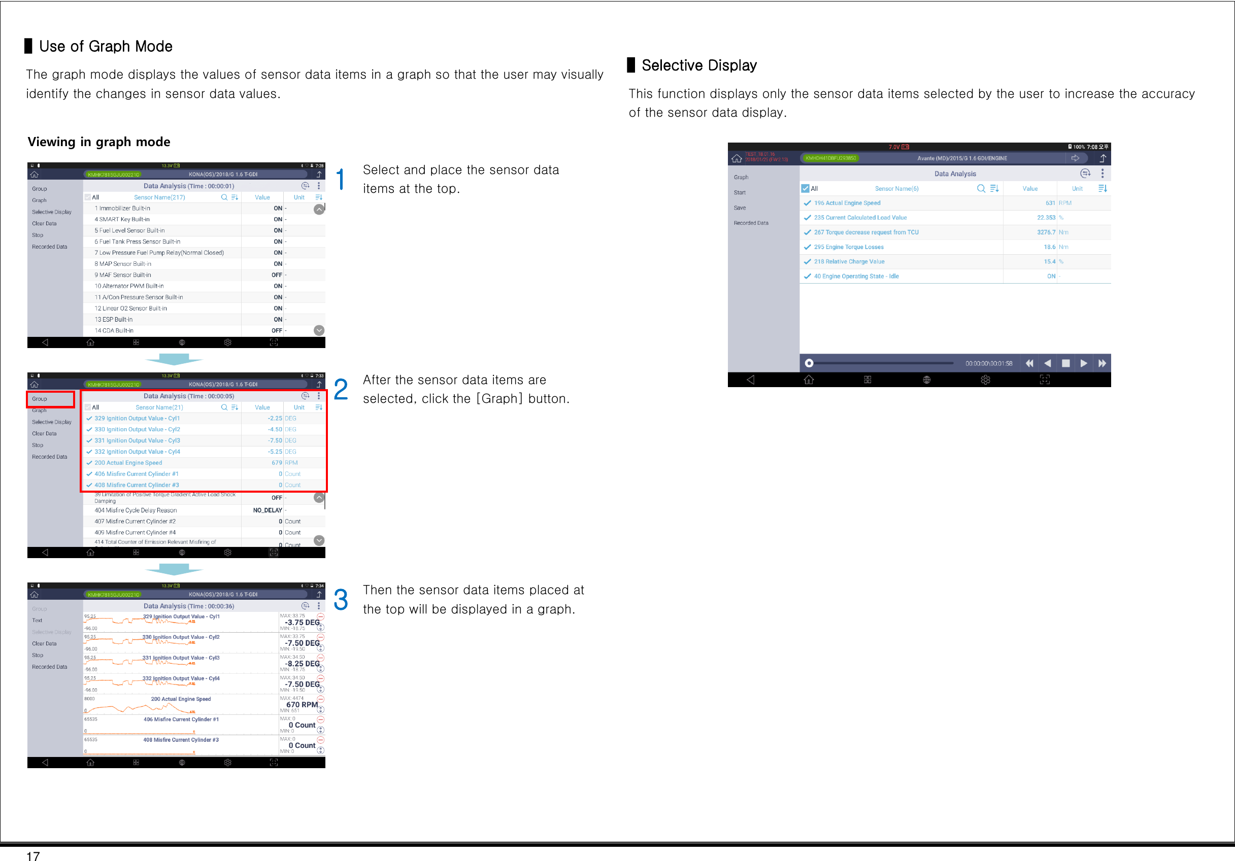 17  ▌Use of Graph Mode The graph mode displays the values of sensor data items in a graph so that the user may visually identify the changes in sensor data values.  Viewing in graph mode  1 Select and place the sensor data items at the top.     2 After the sensor data items are selected, click the [Graph] button.     3 Then the sensor data items placed at the top will be displayed in a graph.    ▌Selective Display This function displays only the sensor data items selected by the user to increase the accuracy of the sensor data display.       