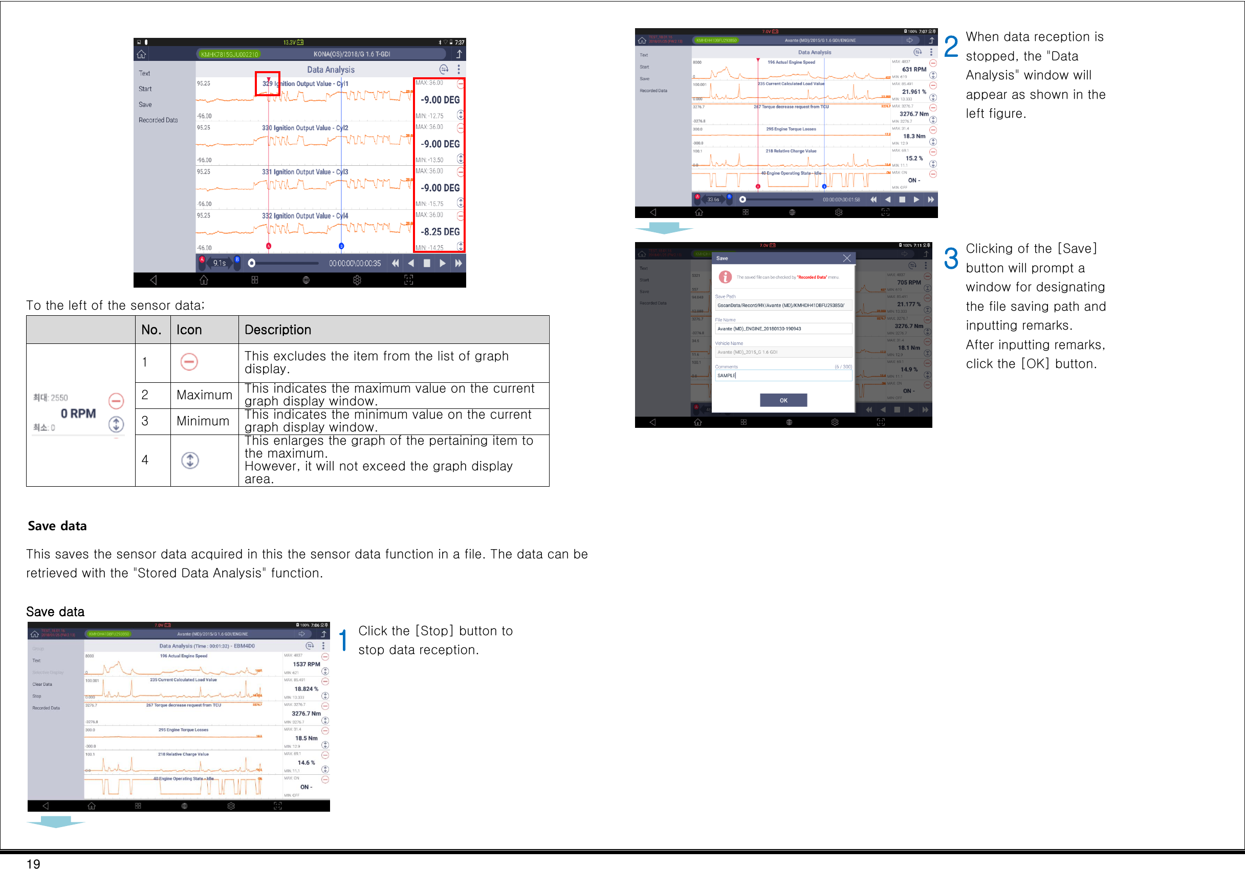 19   To the left of the sensor data;    No. Icon Description  1  This excludes the item from the list of graph display. 2 Maximum This indicates the maximum value on the current graph display window. 3 Minimum This indicates the minimum value on the current graph display window. 4  This enlarges the graph of the pertaining item to the maximum. However, it will not exceed the graph display area.  Save data This saves the sensor data acquired in this the sensor data function in a file. The data can be retrieved with the &quot;Stored Data Analysis&quot; function.  Save data  1 Click the [Stop] button to stop data reception.       2 When data reception is stopped, the &quot;Data Analysis&quot; window will appear as shown in the left figure.     3 Clicking of the [Save] button will prompt a window for designating the file saving path and inputting remarks. After inputting remarks, click the [OK] button.       