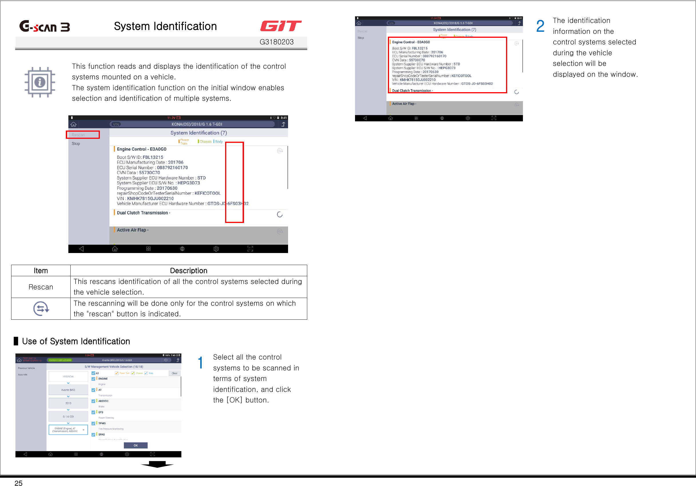 25   System Identification    G3180203   This function reads and displays the identification of the control systems mounted on a vehicle. The system identification function on the initial window enables selection and identification of multiple systems.    Item Description Rescan This rescans identification of all the control systems selected during the vehicle selection.  The rescanning will be done only for the control systems on which the &quot;rescan&quot; button is indicated.  ▌Use of System Identification  1 Select all the control systems to be scanned in terms of system identification, and click the [OK] button.    2 The identification information on the control systems selected during the vehicle selection will be displayed on the window.           