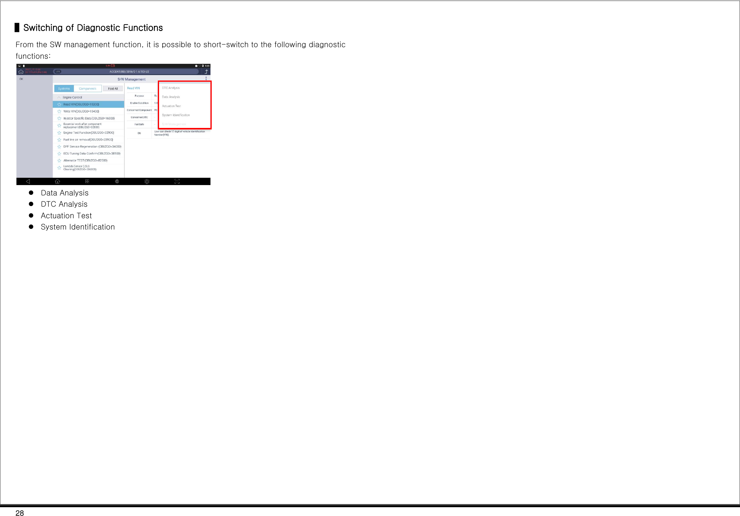 28  ▌Switching of Diagnostic Functions From the SW management function, it is possible to short-switch to the following diagnostic functions:   Data Analysis  DTC Analysis  Actuation Test  System Identification     