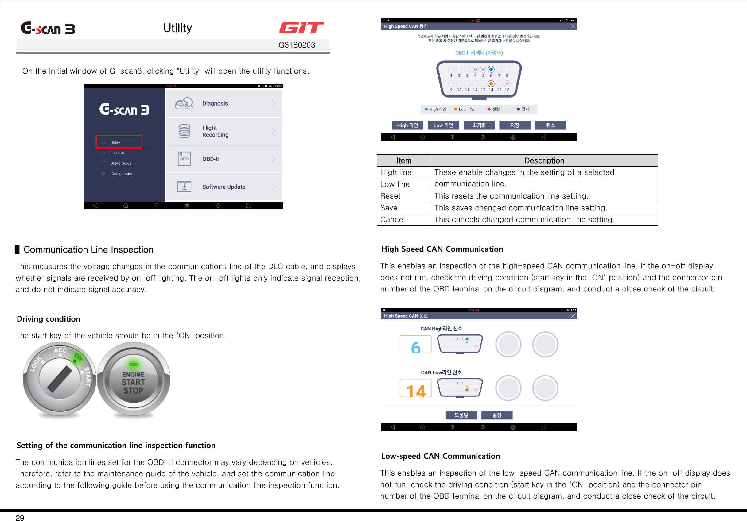 29   Utility    G3180203  On the initial window of G-scan3, clicking &quot;Utility&quot; will open the utility functions.    ▌Communication Line Inspection This measures the voltage changes in the communications line of the DLC cable, and displays whether signals are received by on-off lighting. The on-off lights only indicate signal reception, and do not indicate signal accuracy.  Driving condition The start key of the vehicle should be in the &quot;ON&quot; position.   Setting of the communication line inspection function The communication lines set for the OBD-II connector may vary depending on vehicles. Therefore, refer to the maintenance guide of the vehicle, and set the communication line according to the following guide before using the communication line inspection function.    Item Description High line These enable changes in the setting of a selected communication line. Low line Reset This resets the communication line setting. Save This saves changed communication line setting. Cancel This cancels changed communication line setting.  High Speed CAN Communication This enables an inspection of the high-speed CAN communication line. If the on-off display does not run, check the driving condition (start key in the &quot;ON&quot; position) and the connector pin number of the OBD terminal on the circuit diagram, and conduct a close check of the circuit.    Low-speed CAN Communication This enables an inspection of the low-speed CAN communication line. If the on-off display does not run, check the driving condition (start key in the &quot;ON&quot; position) and the connector pin number of the OBD terminal on the circuit diagram, and conduct a close check of the circuit. 