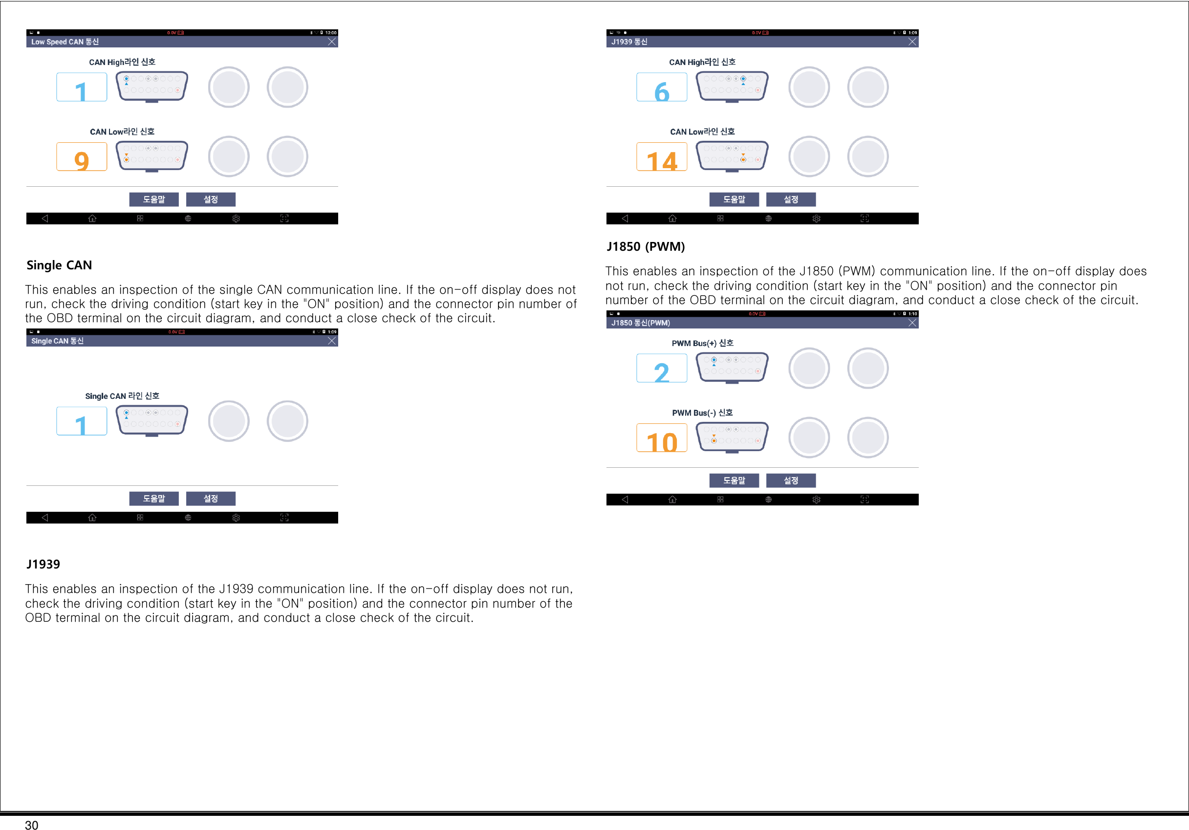 30    Single CAN This enables an inspection of the single CAN communication line. If the on-off display does not run, check the driving condition (start key in the &quot;ON&quot; position) and the connector pin number of the OBD terminal on the circuit diagram, and conduct a close check of the circuit.   J1939 This enables an inspection of the J1939 communication line. If the on-off display does not run, check the driving condition (start key in the &quot;ON&quot; position) and the connector pin number of the OBD terminal on the circuit diagram, and conduct a close check of the circuit.  J1850 (PWM) This enables an inspection of the J1850 (PWM) communication line. If the on-off display does not run, check the driving condition (start key in the &quot;ON&quot; position) and the connector pin number of the OBD terminal on the circuit diagram, and conduct a close check of the circuit.    