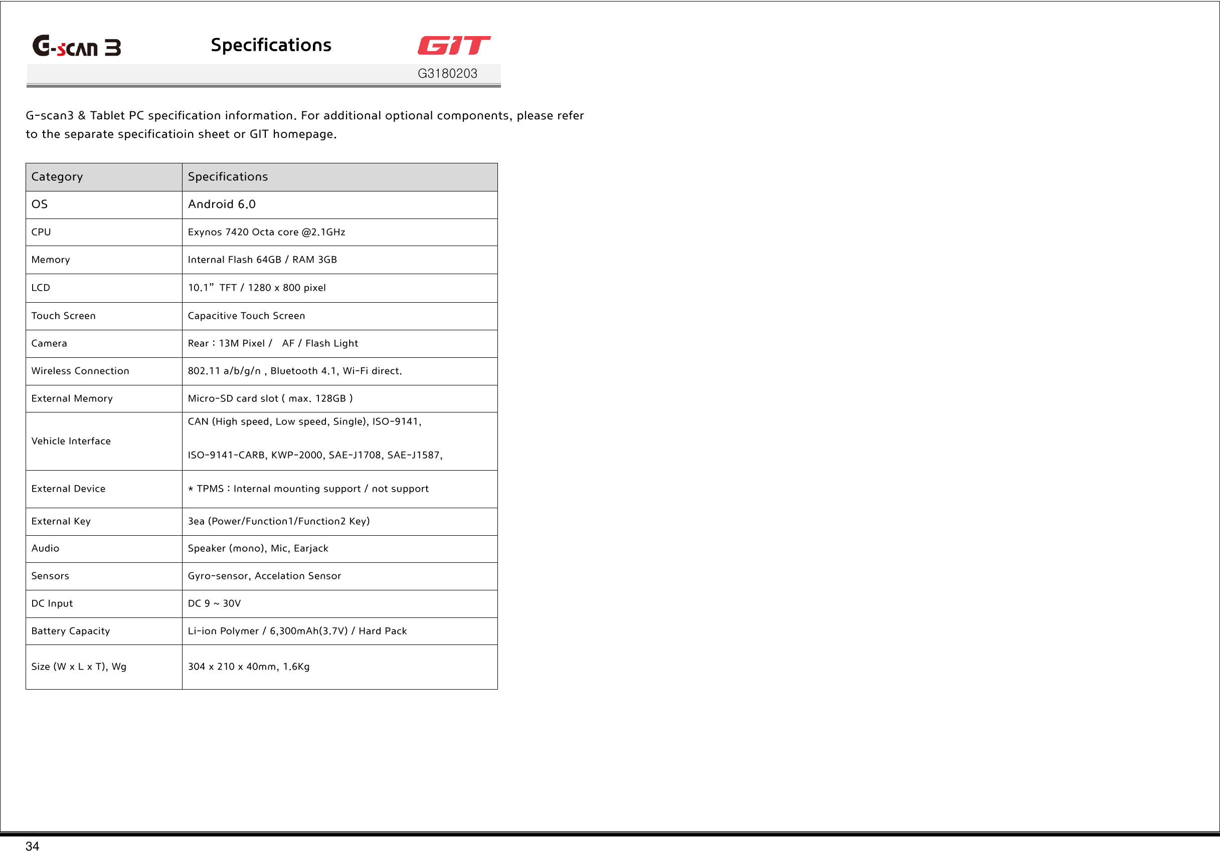 34   Specifications    G3180203    G-scan3 &amp; Tablet PC specification information. For additional optional components, please refer to the separate specificatioin sheet or GIT homepage.    Category Specifications OS Android 6.0 CPU Exynos 7420 Octa core @2.1GHz Memory Internal Flash 64GB / RAM 3GB LCD 10.1”  TFT / 1280 x 800 pixel Touch Screen Capacitive Touch Screen Camera Rear : 13M Pixel /    AF / Flash Light Wireless Connection 802.11 a/b/g/n , Bluetooth 4.1, Wi-Fi direct. External Memory Micro-SD card slot ( max. 128GB ) Vehicle Interface CAN (High speed, Low speed, Single), ISO-9141,   ISO-9141-CARB, KWP-2000, SAE-J1708, SAE-J1587,   J1850(PWM/VPW), Melco Pull-Down External Device * TPMS : Internal mounting support / not support External Key 3ea (Power/Function1/Function2 Key) Audio Speaker (mono), Mic, Earjack Sensors Gyro-sensor, Accelation Sensor DC Input DC 9 ~ 30V Battery Capacity Li-ion Polymer / 6,300mAh(3.7V) / Hard Pack Size (W x L x T), Wg 304 x 210 x 40mm, 1.6Kg                                                    